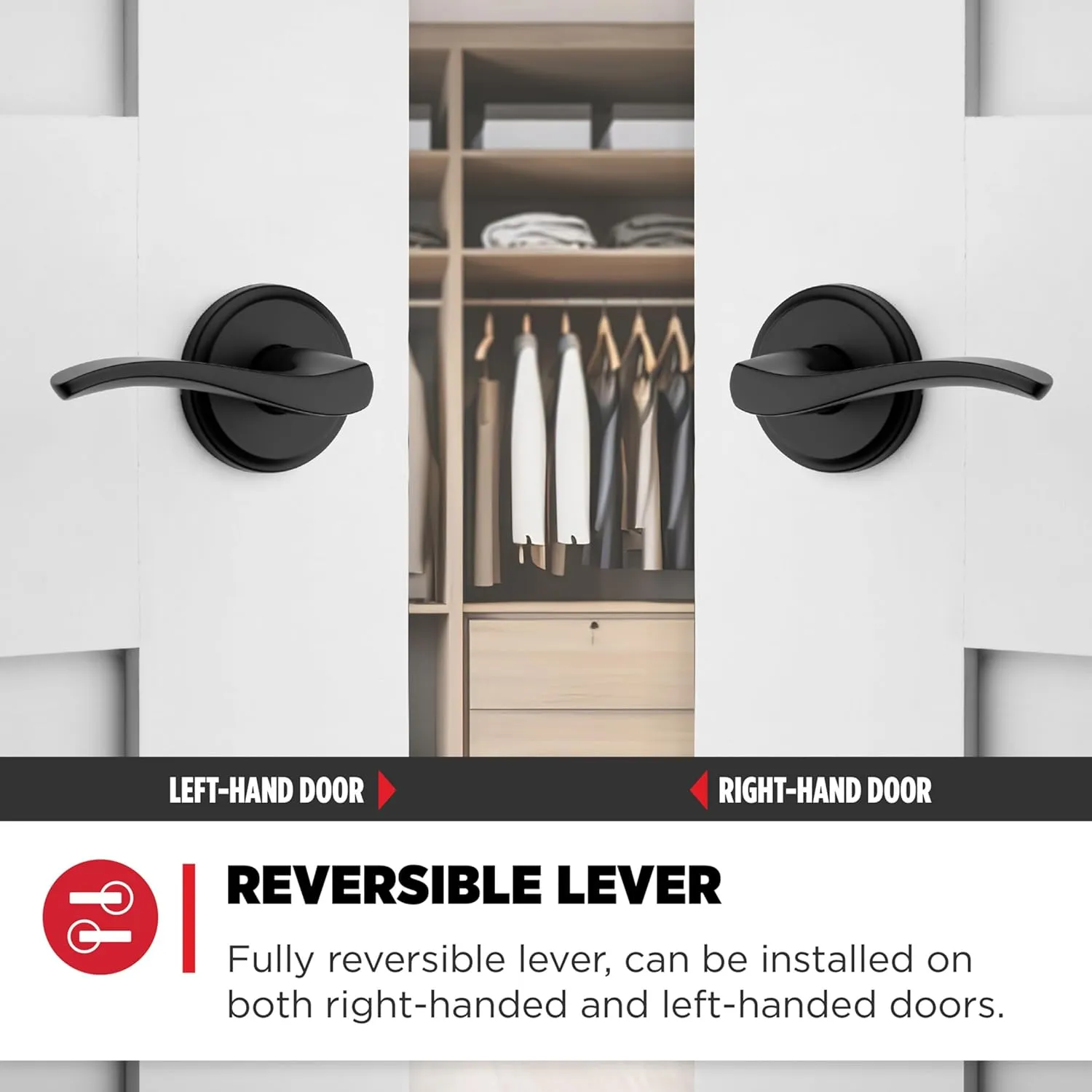 Kwikset Sedona Interior Passage Door Handle, Lever for Closet and Hallway Doors, Reversible Non-Locking Handle Lever, Matte Black, with Microban Protection