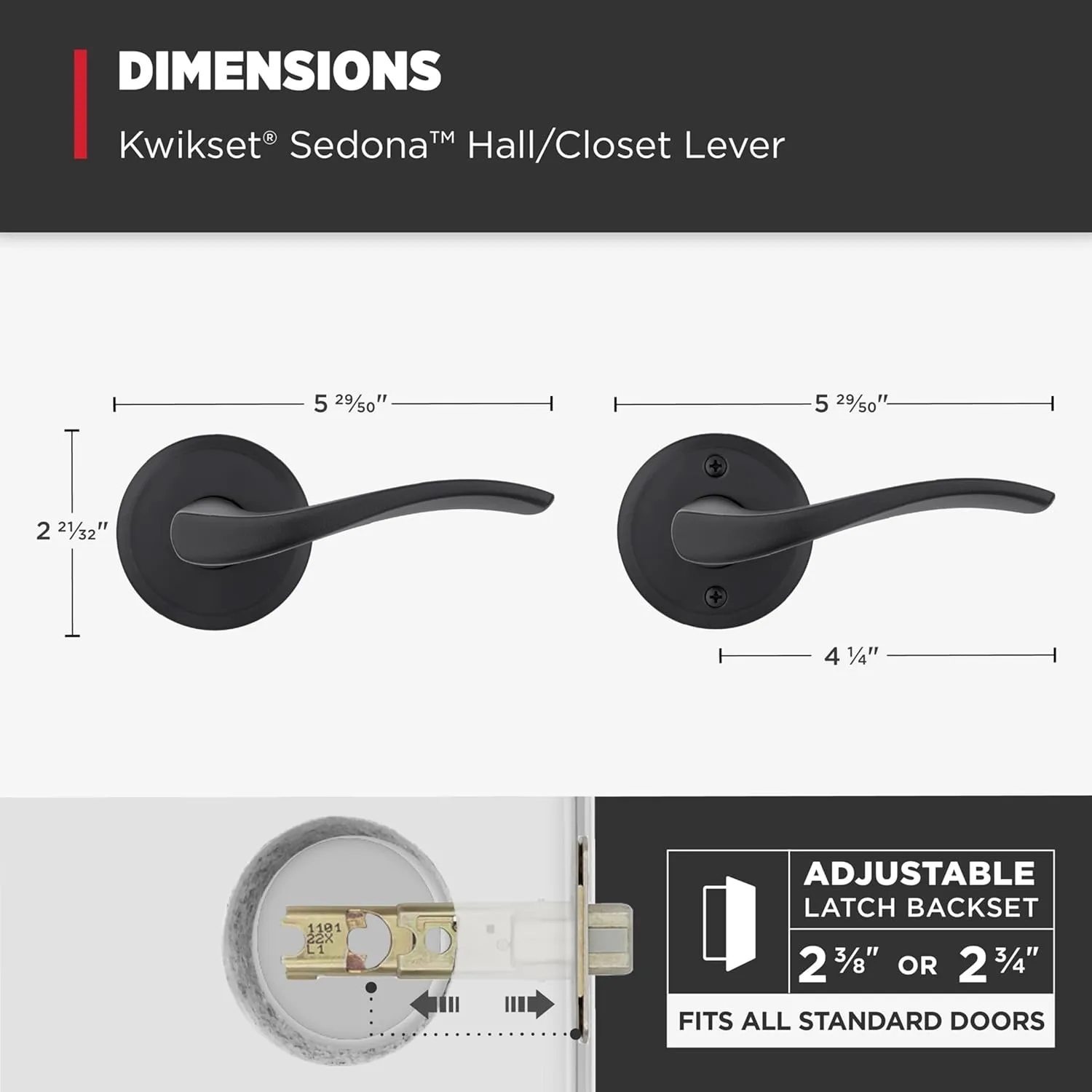 Kwikset Sedona Interior Passage Door Handle, Lever for Closet and Hallway Doors, Reversible Non-Locking Handle Lever, Matte Black, with Microban Protection