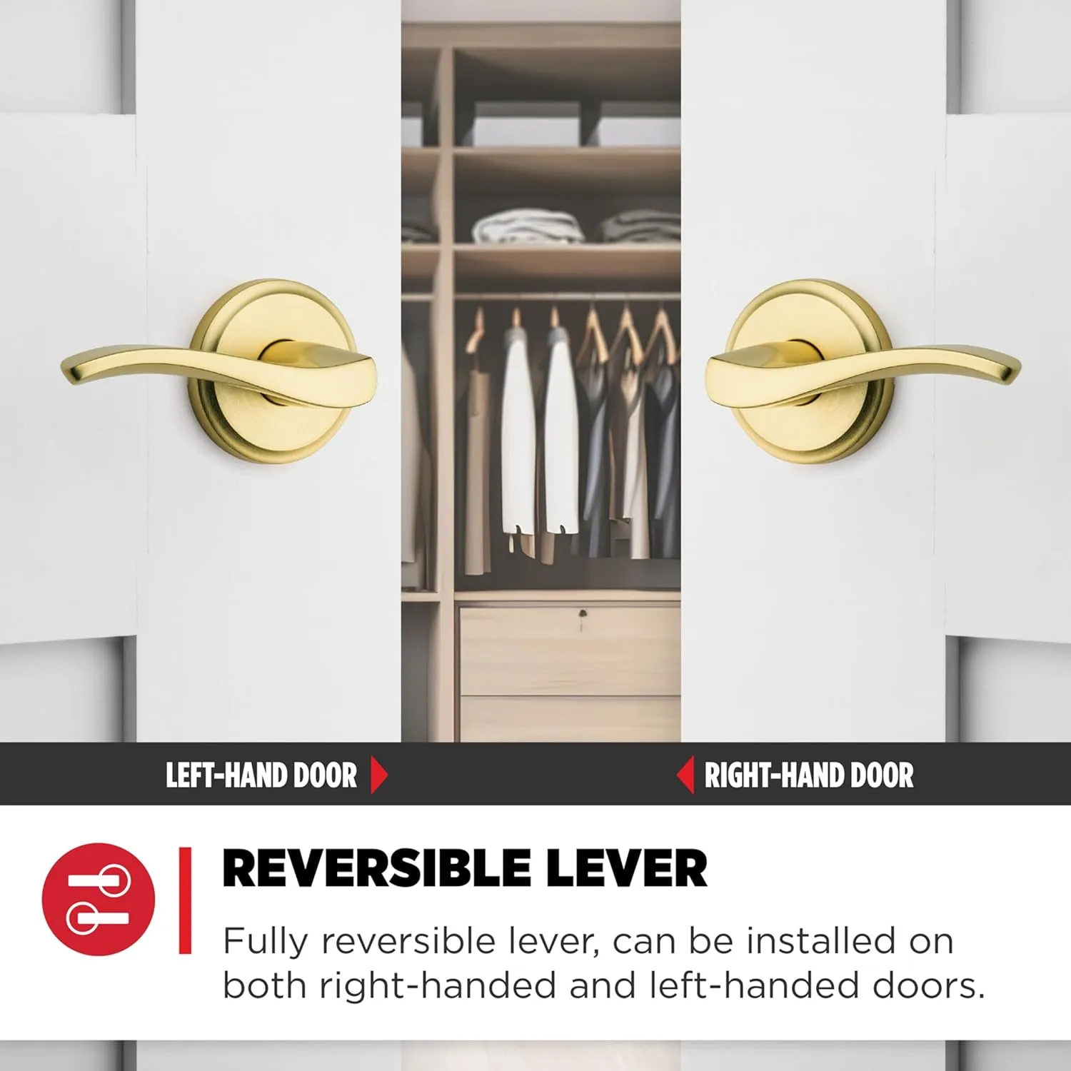 Kwikset Sedona Interior Passage Door Handle, Lever for Closet and Hallway Doors, Reversible Non-Locking Handle Lever, Satin Brass, with Microban Protection