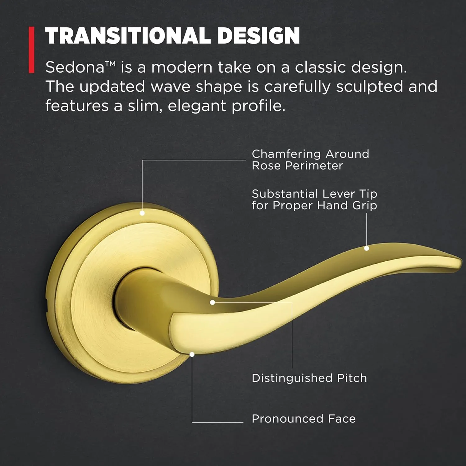 Kwikset Sedona Interior Passage Door Handle, Lever for Closet and Hallway Doors, Reversible Non-Locking Handle Lever, Satin Brass, with Microban Protection