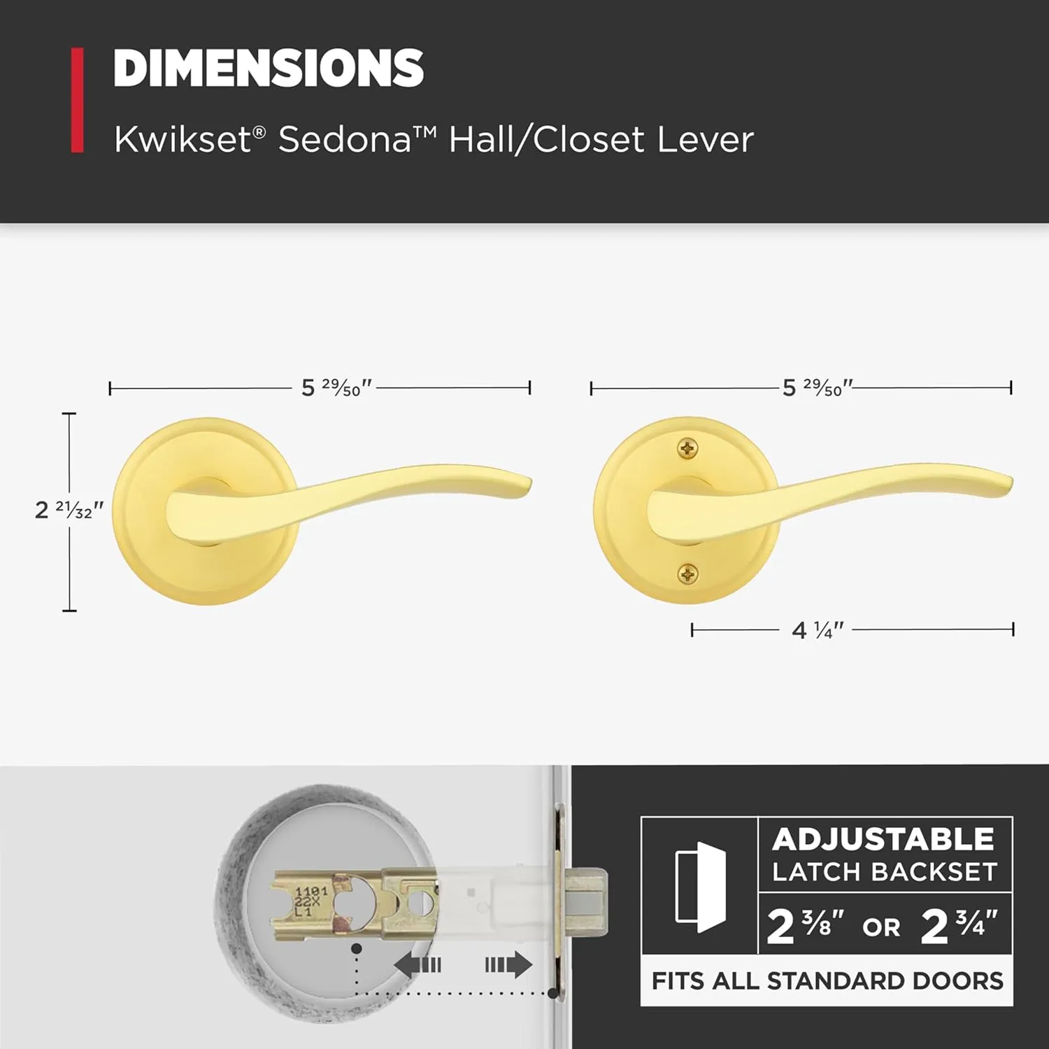 Kwikset Sedona Interior Passage Door Handle, Lever for Closet and Hallway Doors, Reversible Non-Locking Handle Lever, Satin Brass, with Microban Protection