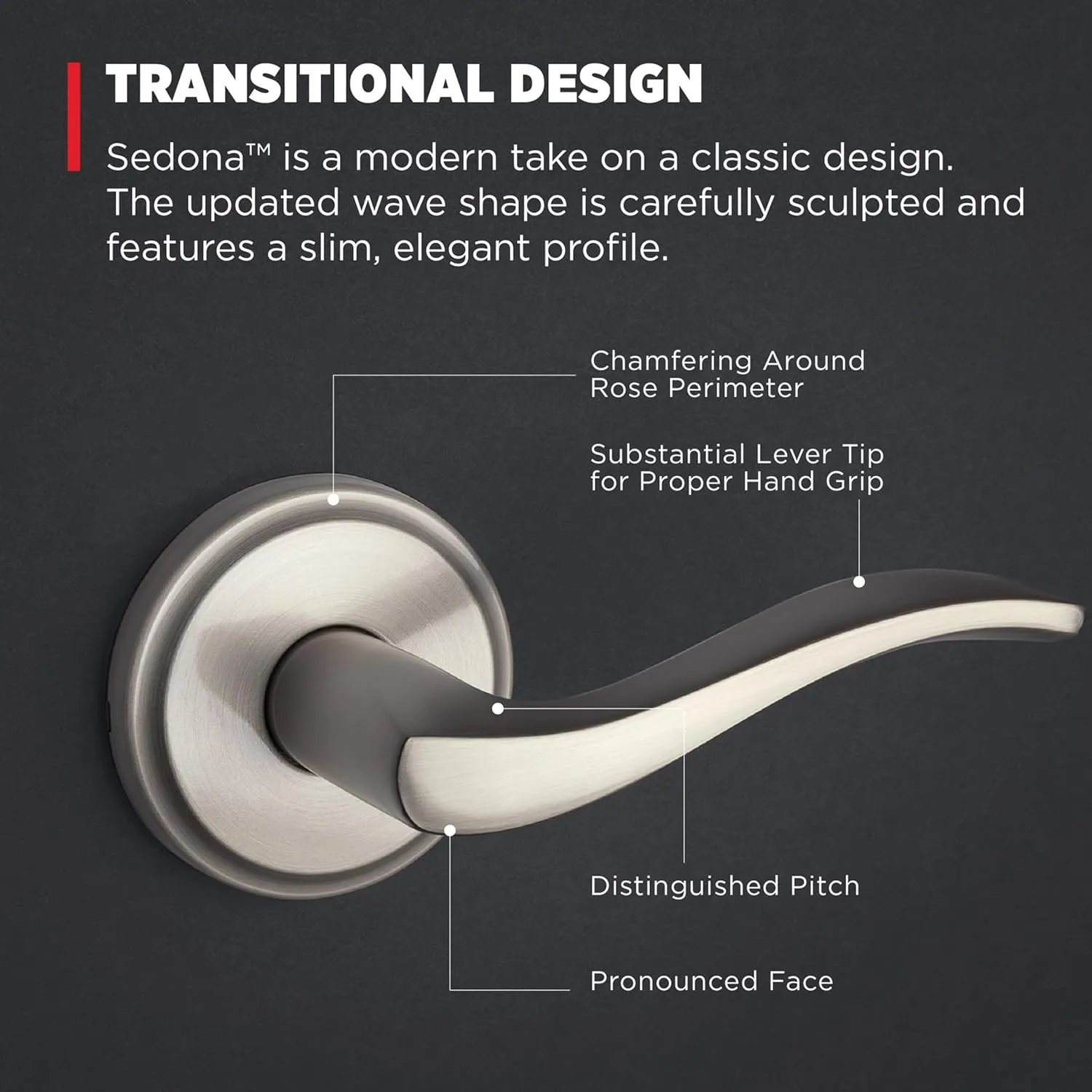 Kwikset Sedona Interior Passage Door Handle, Lever for Closet and Hallway Doors, Reversible Non-Locking Handle Lever, Satin Nickel, with Microban Protection
