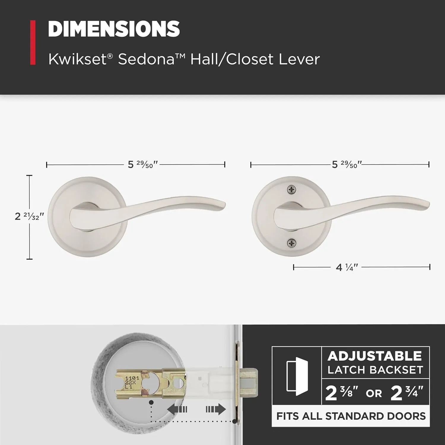 Kwikset Sedona Interior Passage Door Handle, Lever for Closet and Hallway Doors, Reversible Non-Locking Handle Lever, Satin Nickel, with Microban Protection