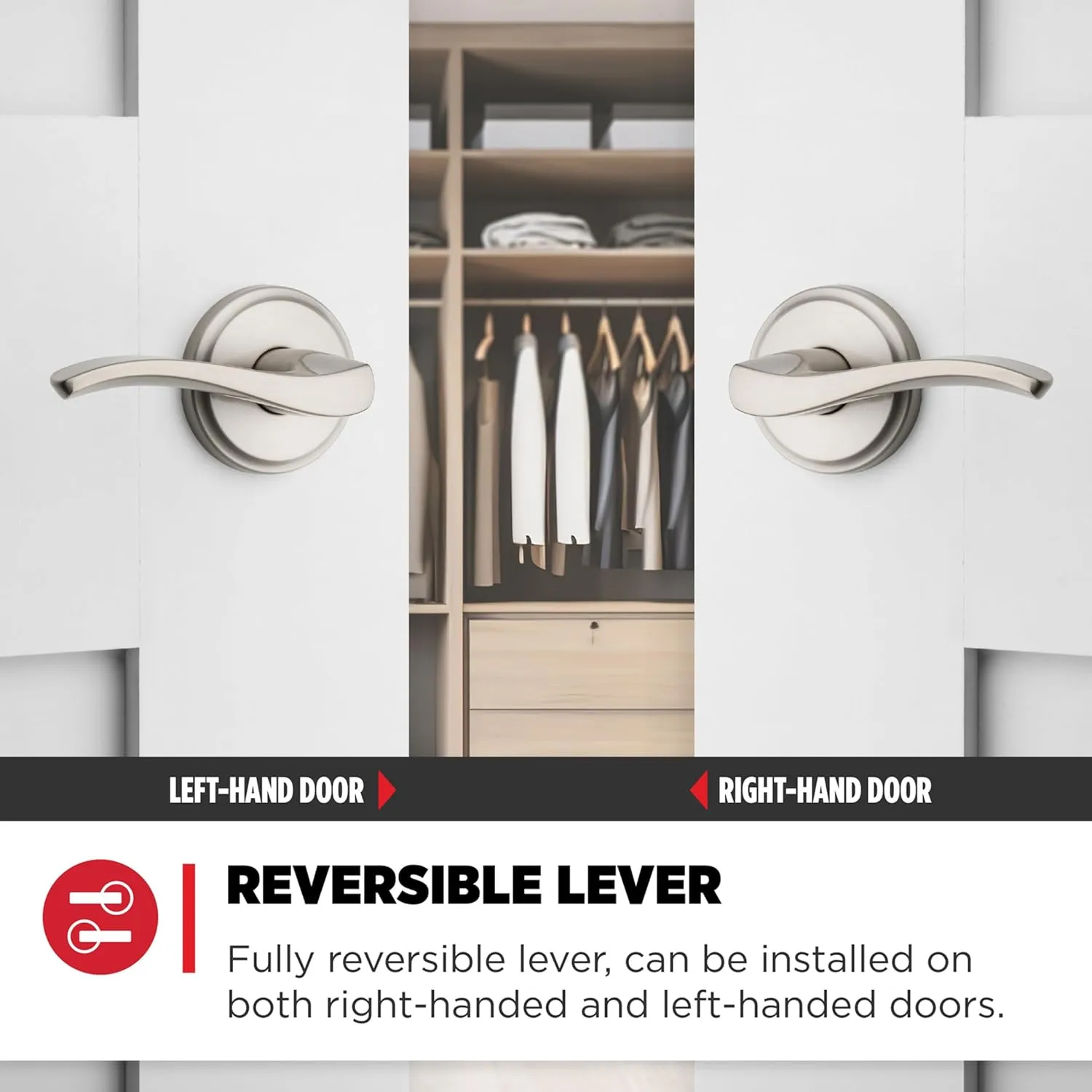 Kwikset Sedona Interior Passage Door Handle, Lever for Closet and Hallway Doors, Reversible Non-Locking Handle Lever, Satin Nickel, with Microban Protection