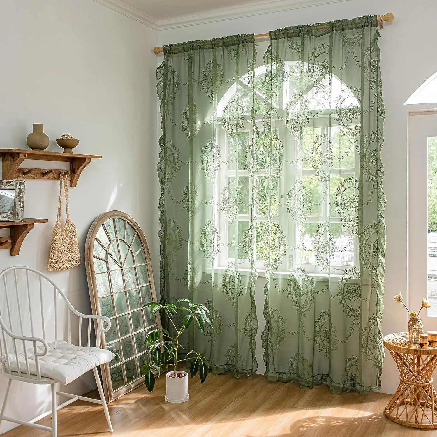 Lace Curtains 72 Inch Length for Kitchen Nursery Room 2 Panels, Farmhouse Florals Embroidery Sheer Privacy Drapes for Christmas Decor Window Treatments Rod Pocket, W57 X L72 Olive Green