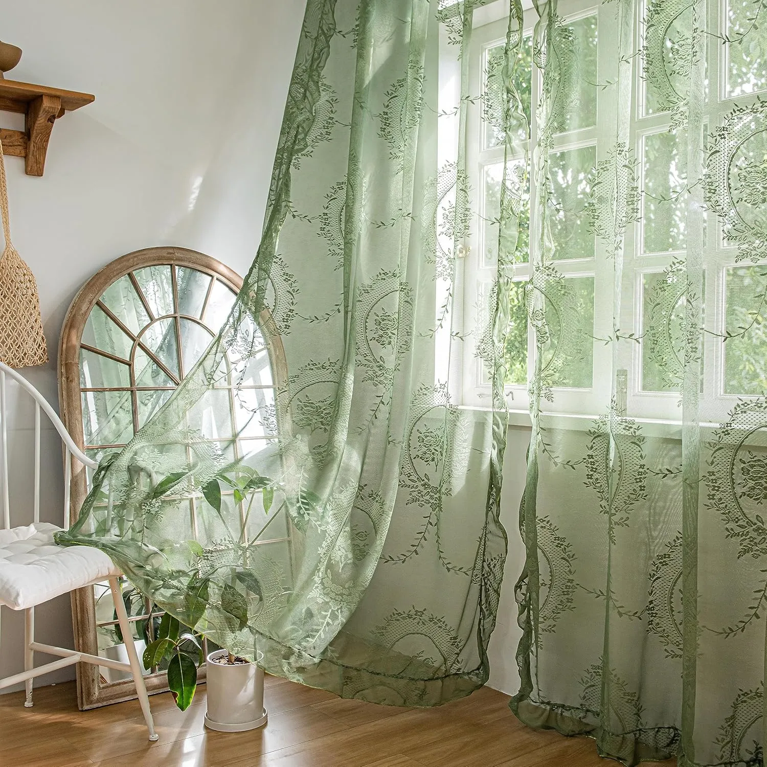 Lace Curtains 72 Inch Length for Kitchen Nursery Room 2 Panels, Farmhouse Florals Embroidery Sheer Privacy Drapes for Christmas Decor Window Treatments Rod Pocket, W57 X L72 Olive Green