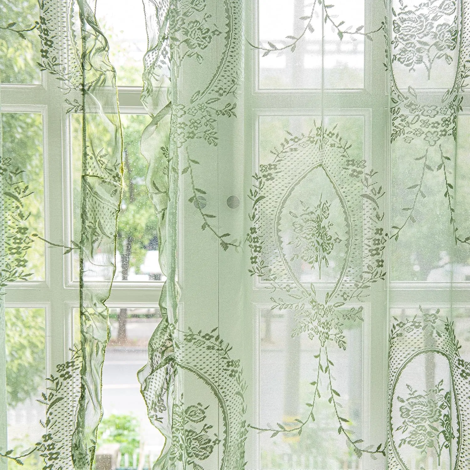 Lace Curtains 72 Inch Length for Kitchen Nursery Room 2 Panels, Farmhouse Florals Embroidery Sheer Privacy Drapes for Christmas Decor Window Treatments Rod Pocket, W57 X L72 Olive Green