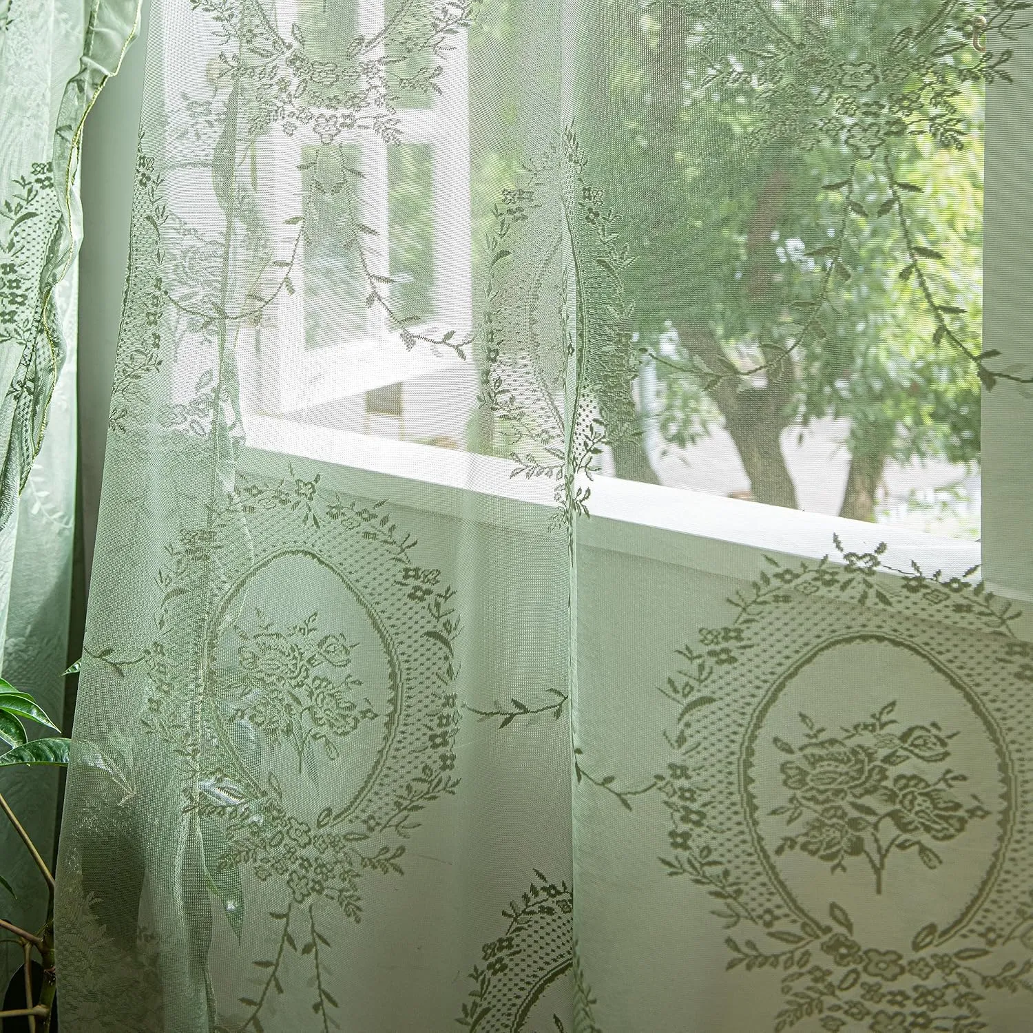 Lace Curtains 72 Inch Length for Kitchen Nursery Room 2 Panels, Farmhouse Florals Embroidery Sheer Privacy Drapes for Christmas Decor Window Treatments Rod Pocket, W57 X L72 Olive Green