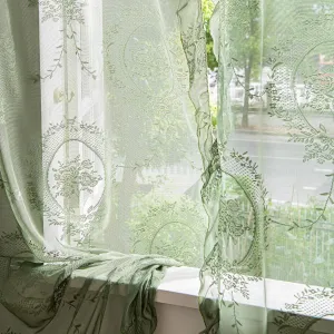 Lace Curtains 72 Inch Length for Kitchen Nursery Room 2 Panels, Farmhouse Florals Embroidery Sheer Privacy Drapes for Christmas Decor Window Treatments Rod Pocket, W57 X L72 Olive Green