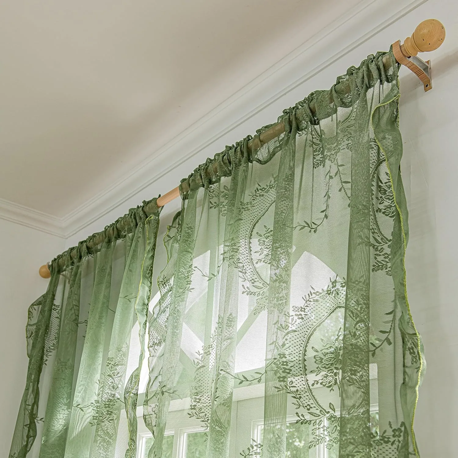 Lace Curtains 72 Inch Length for Kitchen Nursery Room 2 Panels, Farmhouse Florals Embroidery Sheer Privacy Drapes for Christmas Decor Window Treatments Rod Pocket, W57 X L72 Olive Green