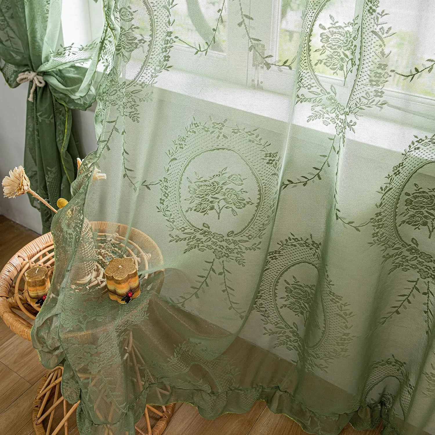 Lace Curtains 72 Inch Length for Kitchen Nursery Room 2 Panels, Farmhouse Florals Embroidery Sheer Privacy Drapes for Christmas Decor Window Treatments Rod Pocket, W57 X L72 Olive Green