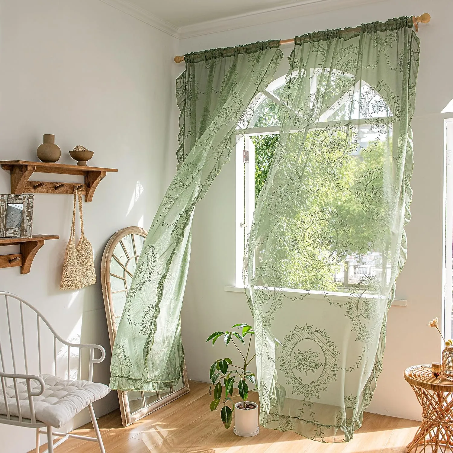 Lace Curtains 72 Inch Length for Kitchen Nursery Room 2 Panels, Farmhouse Florals Embroidery Sheer Privacy Drapes for Christmas Decor Window Treatments Rod Pocket, W57 X L72 Olive Green