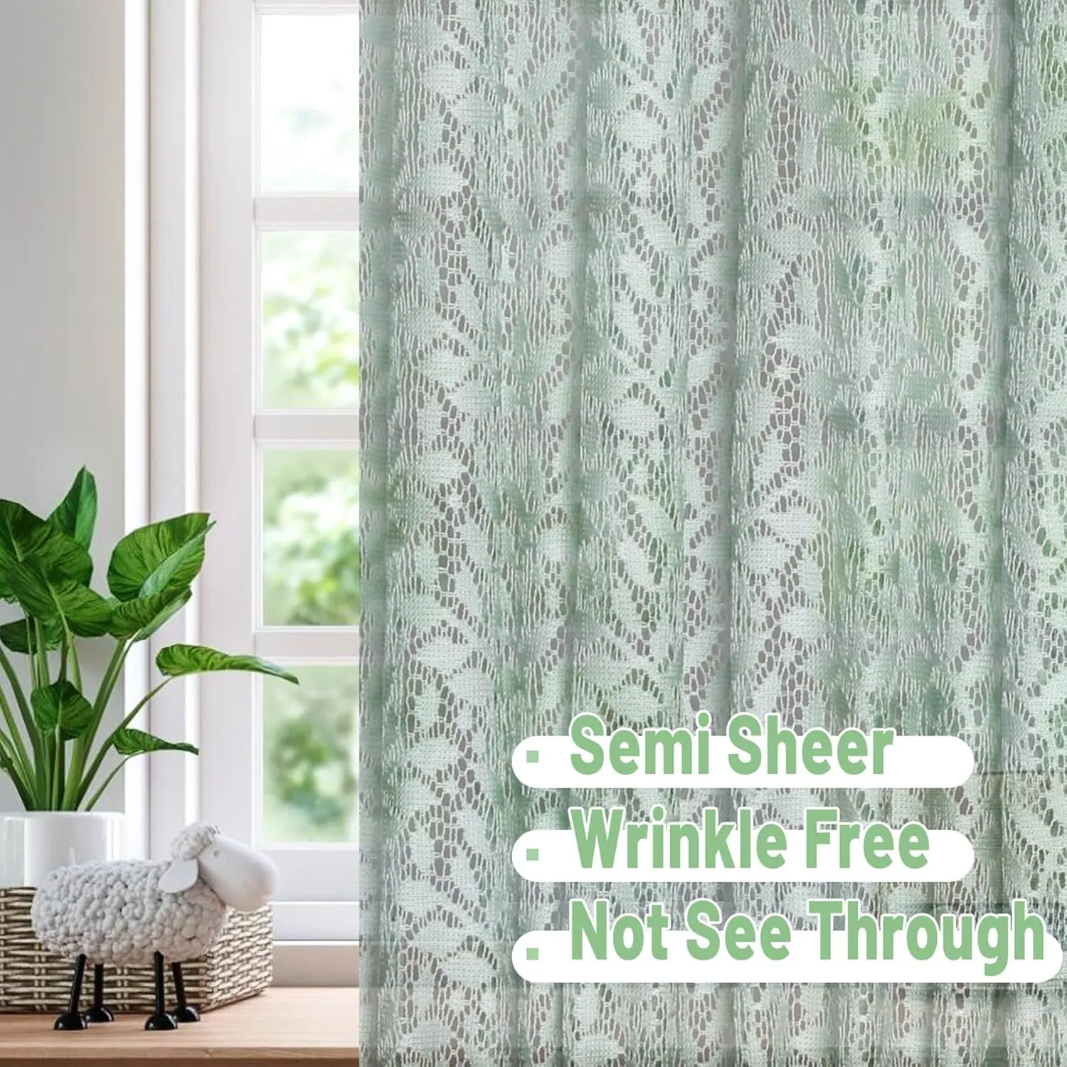 Lace French Door Curtain Green Leaves Branch Knitted Textured Curtains 72 Inch Long Semi Sheer Sidelight Curtain Panel for Glass Door Patio Front Door Tieback Included, 2 Pack