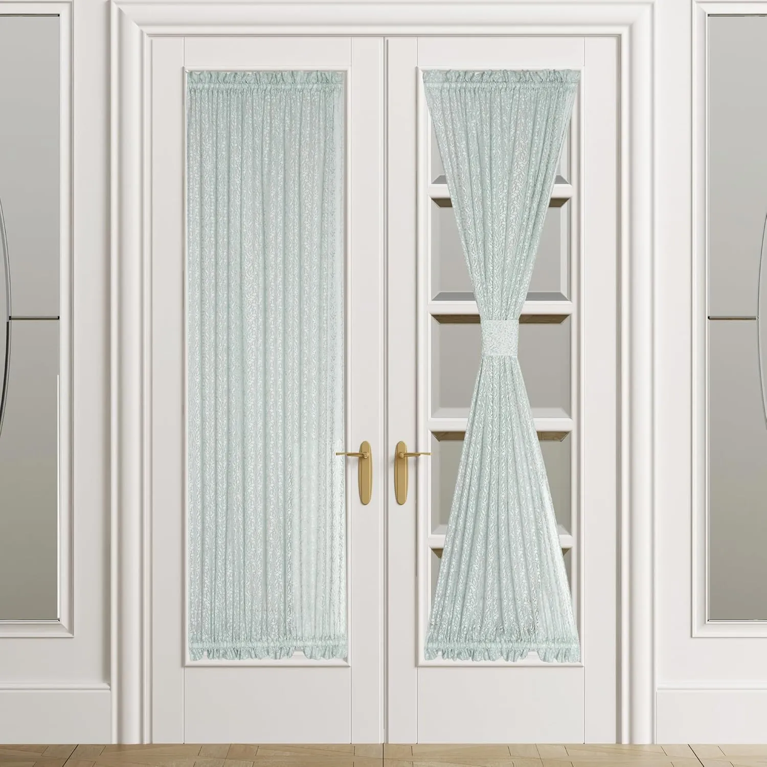 Lace French Door Curtain Green Leaves Branch Knitted Textured Curtains 72 Inch Long Semi Sheer Sidelight Curtain Panel for Glass Door Patio Front Door Tieback Included, 2 Pack