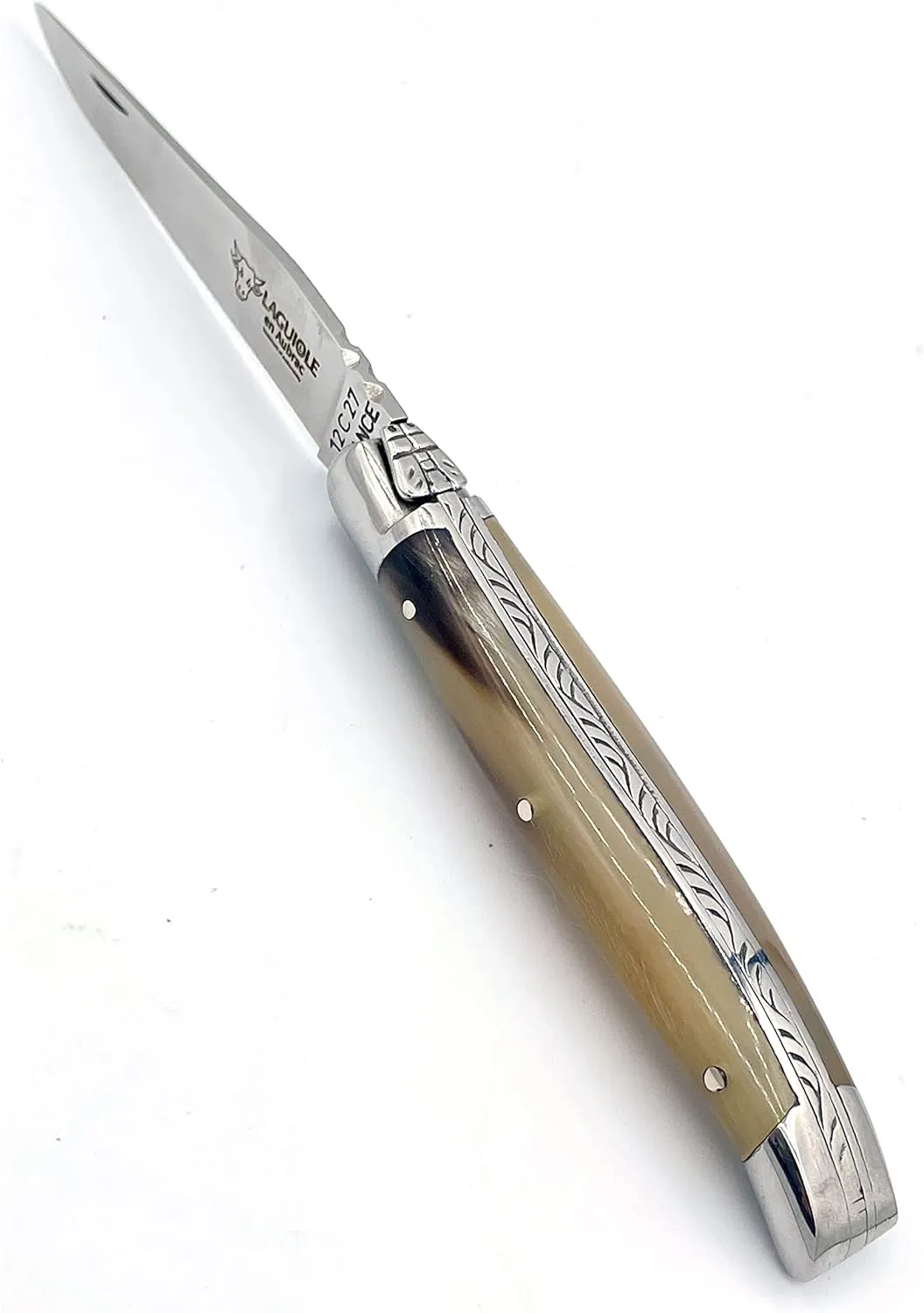 Laguiole en Aubrac Handmade Folding Pocket Knife, 3.5-in (9cm). Solid Horne Handle, Stainless Steel Shiny Bolsters