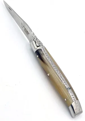 Laguiole en Aubrac Handmade Folding Pocket Knife, 3.5-in (9cm). Solid Horne Handle, Stainless Steel Shiny Bolsters