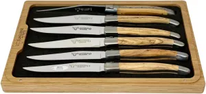 Laguiole en Aubrac Luxury Fully Forged Full Tang Stainless Steel Steak Knives 6-Piece Set with Olivewood Handle, Stainless Steel Matte Bolsters