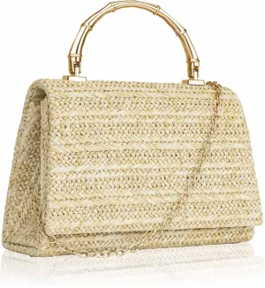Larcenciel Straw Purses for Women, Summer Woven Top-Handle Evening Handbags w/Bamboo Handle & Chain Strap, Small Boho Beach Clutch Crossbody Party Bags for Wedding Cocktail Prom Vacation,Natural Beige
