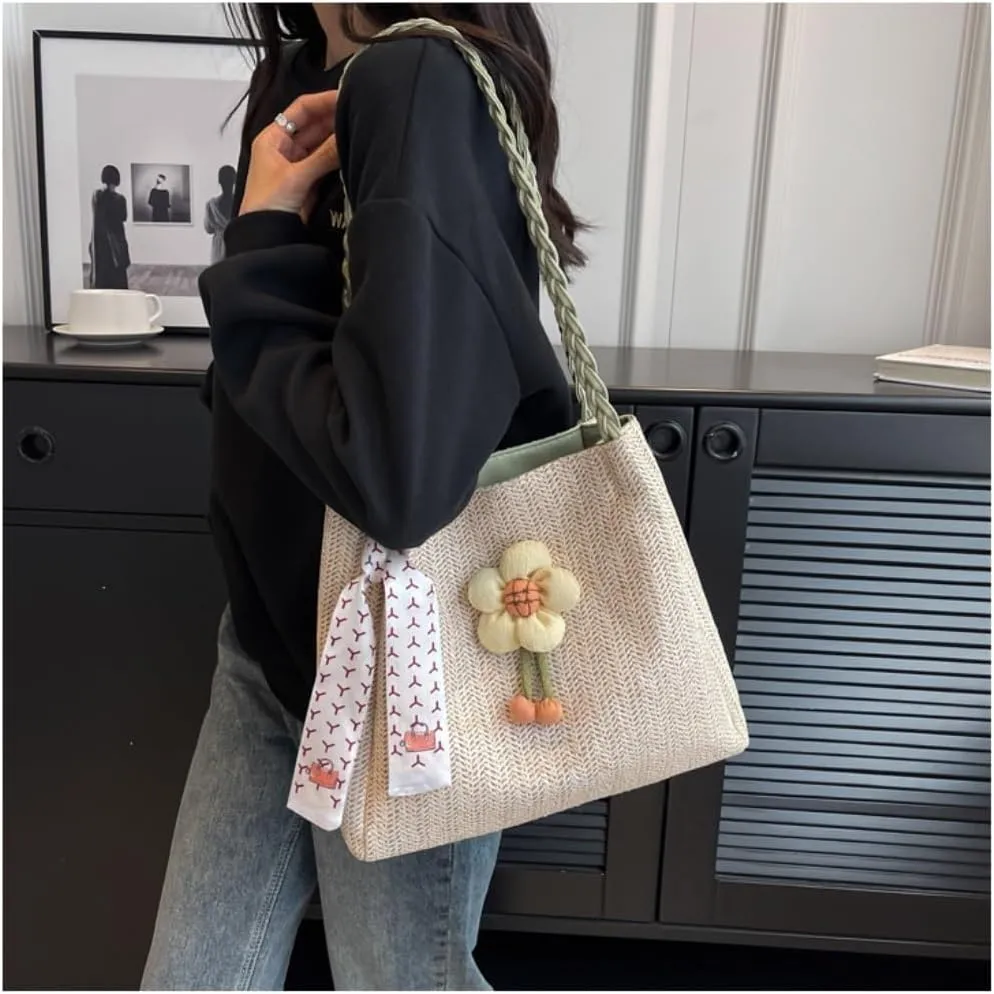 Large capacity Bag Playful Flower - adorned Straw Crossbody Bag: Encounter Street Fashion Ladies shoulder Bag