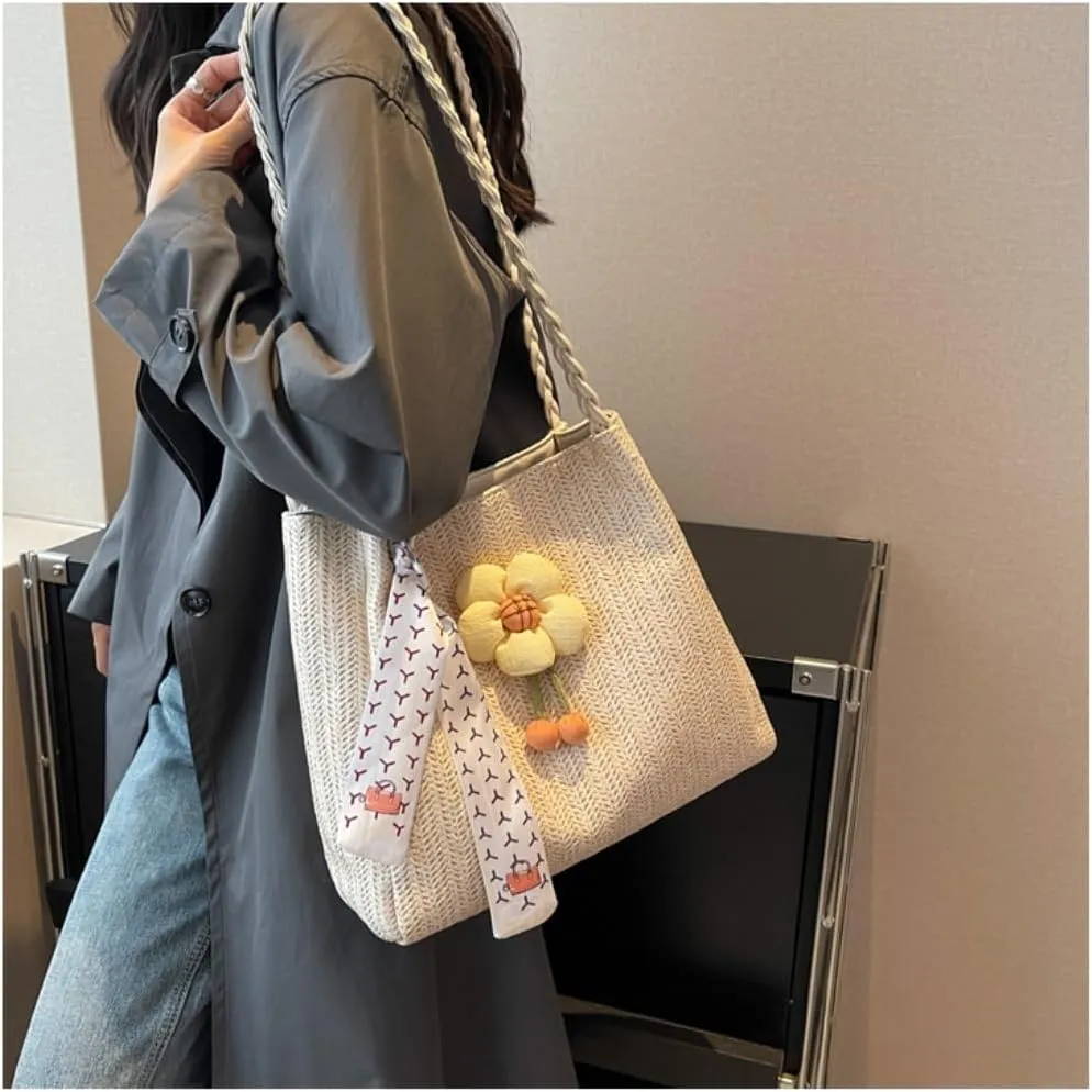 Large capacity Bag Playful Flower - adorned Straw Crossbody Bag: Encounter Street Fashion Ladies shoulder Bag