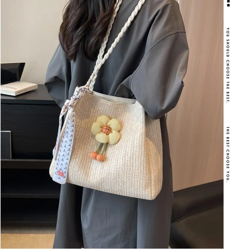 Large capacity Bag Playful Flower - adorned Straw Crossbody Bag: Encounter Street Fashion Ladies shoulder Bag