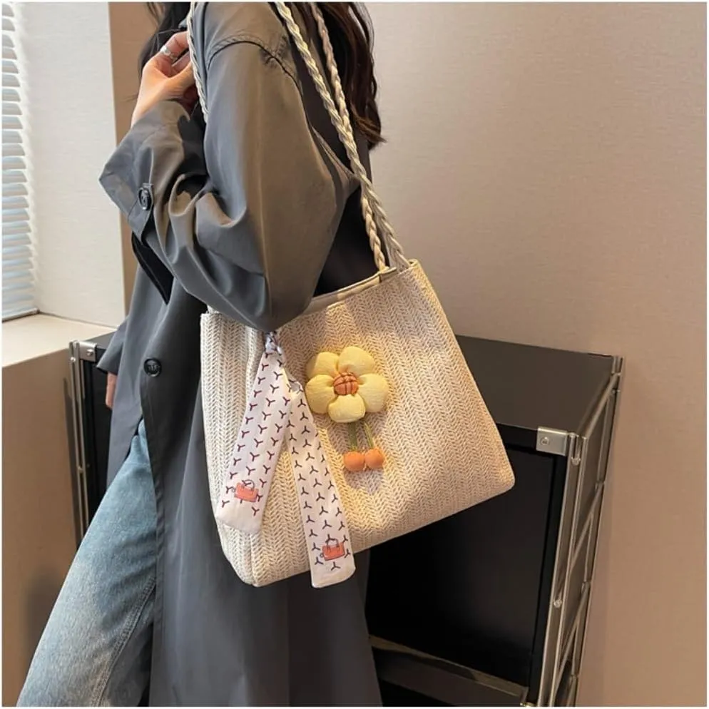 Large capacity Bag Playful Flower - adorned Straw Crossbody Bag: Encounter Street Fashion Ladies shoulder Bag