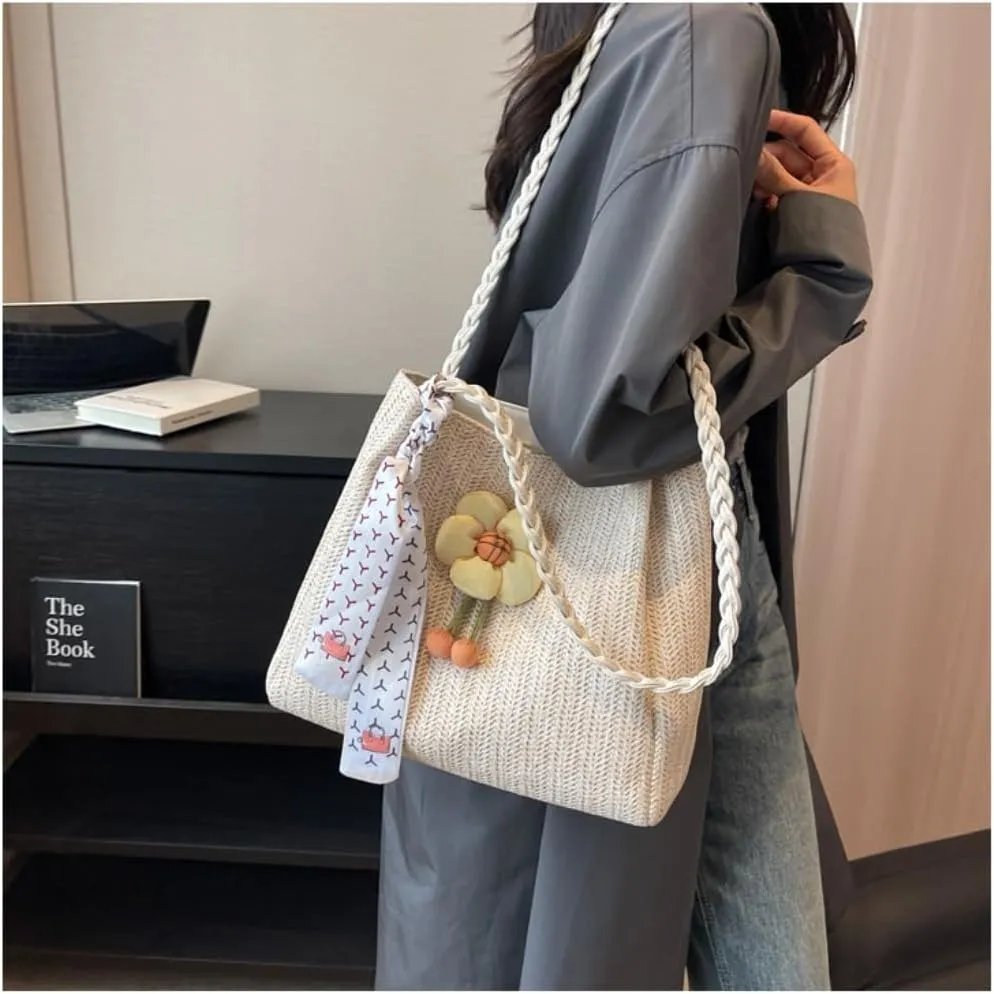 Large capacity Bag Playful Flower - adorned Straw Crossbody Bag: Encounter Street Fashion Ladies shoulder Bag