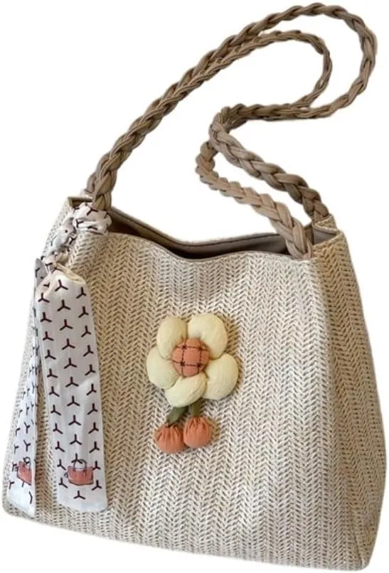 Large capacity Bag Playful Flower - adorned Straw Crossbody Bag: Encounter Street Fashion Ladies shoulder Bag
