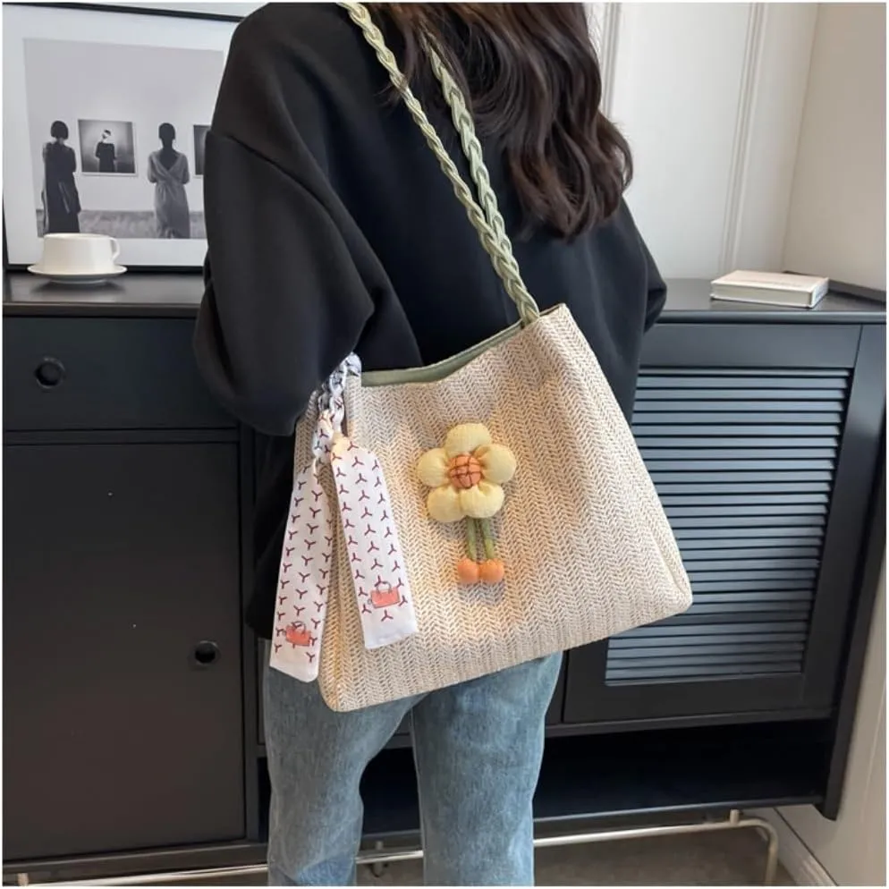 Large capacity Bag Playful Flower - adorned Straw Crossbody Bag: Encounter Street Fashion Ladies shoulder Bag