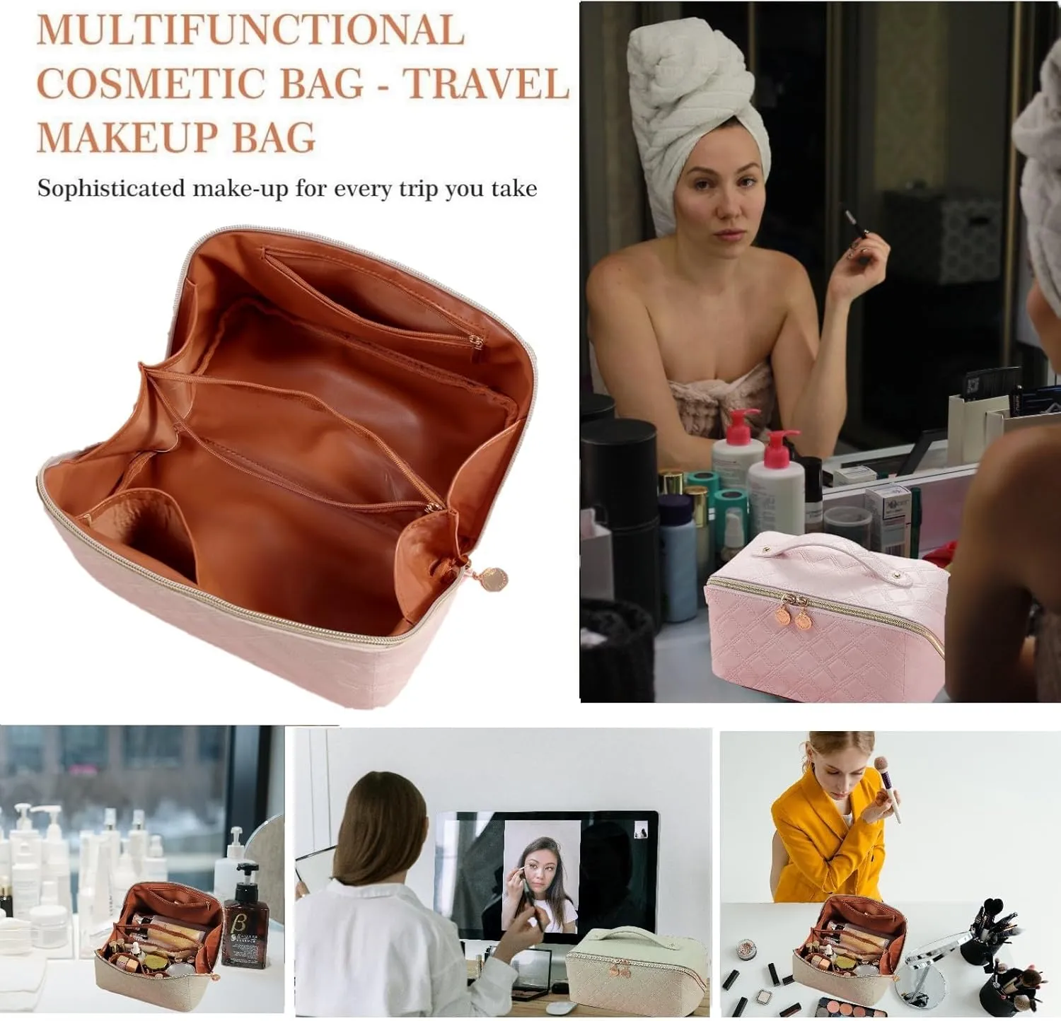 Large Capacity Travel Cosmetic Bag - Pu Leather Waterproof Travel Makeup Bag, Portable Makeup Organizer Bag, Makeup Bag Travel Cosmetic Bag with Divider and Handle (Apricot White)
