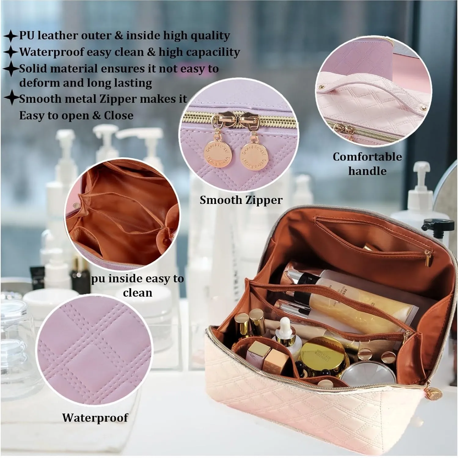 Large Capacity Travel Cosmetic Bag - Pu Leather Waterproof Travel Makeup Bag, Portable Makeup Organizer Bag, Makeup Bag Travel Cosmetic Bag with Divider and Handle (Apricot White)