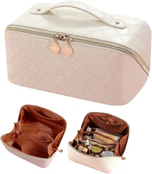 Large Capacity Travel Cosmetic Bag - Pu Leather Waterproof Travel Makeup Bag, Portable Makeup Organizer Bag, Makeup Bag Travel Cosmetic Bag with Divider and Handle (Apricot White)
