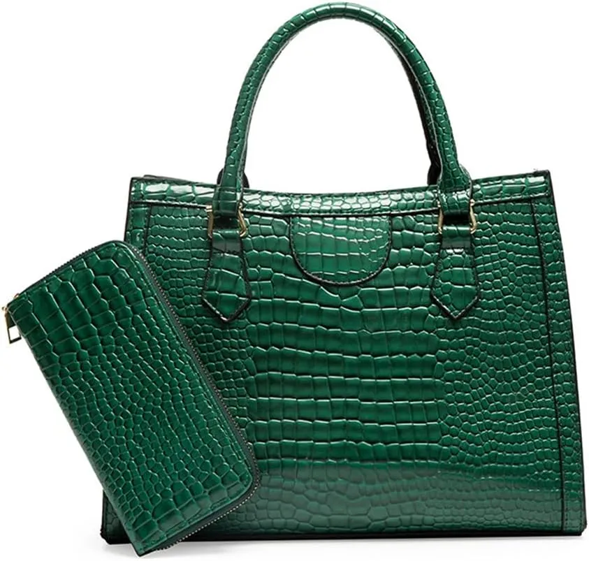 Large Crocodile Pattern Satchel Handbag for Women - Stylish Top Handle Tote & Crossbody Bag in Brown