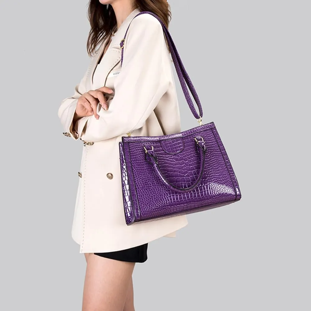 Large Crocodile Pattern Satchel Handbag for Women - Stylish Top Handle Tote & Crossbody Bag in Brown