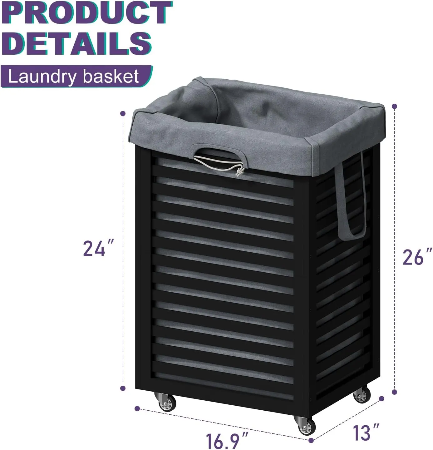 Laundry Basket,Laundry Basket with Wheels,Rolling Laundry Basket for Clothes,Small Laundry Basket for Bedroom,Black