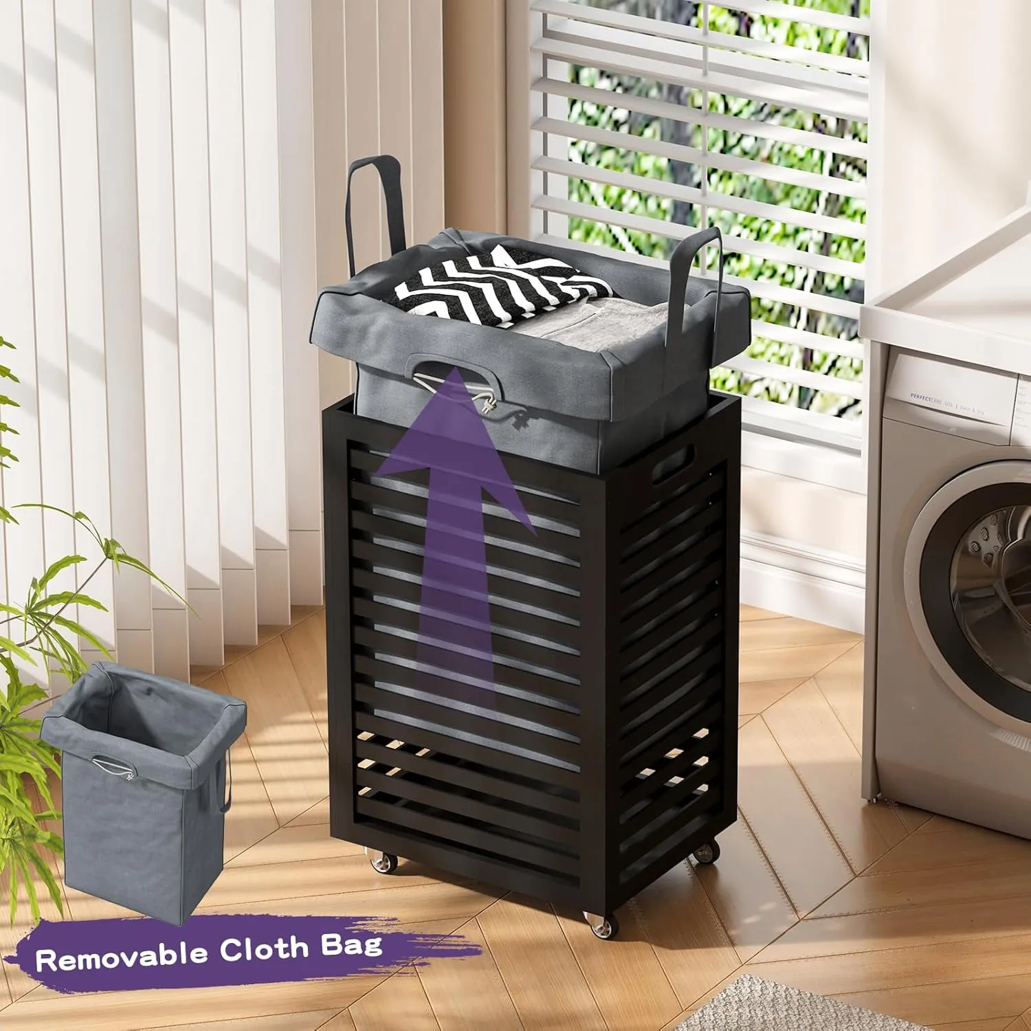 Laundry Basket,Laundry Basket with Wheels,Rolling Laundry Basket for Clothes,Small Laundry Basket for Bedroom,Black