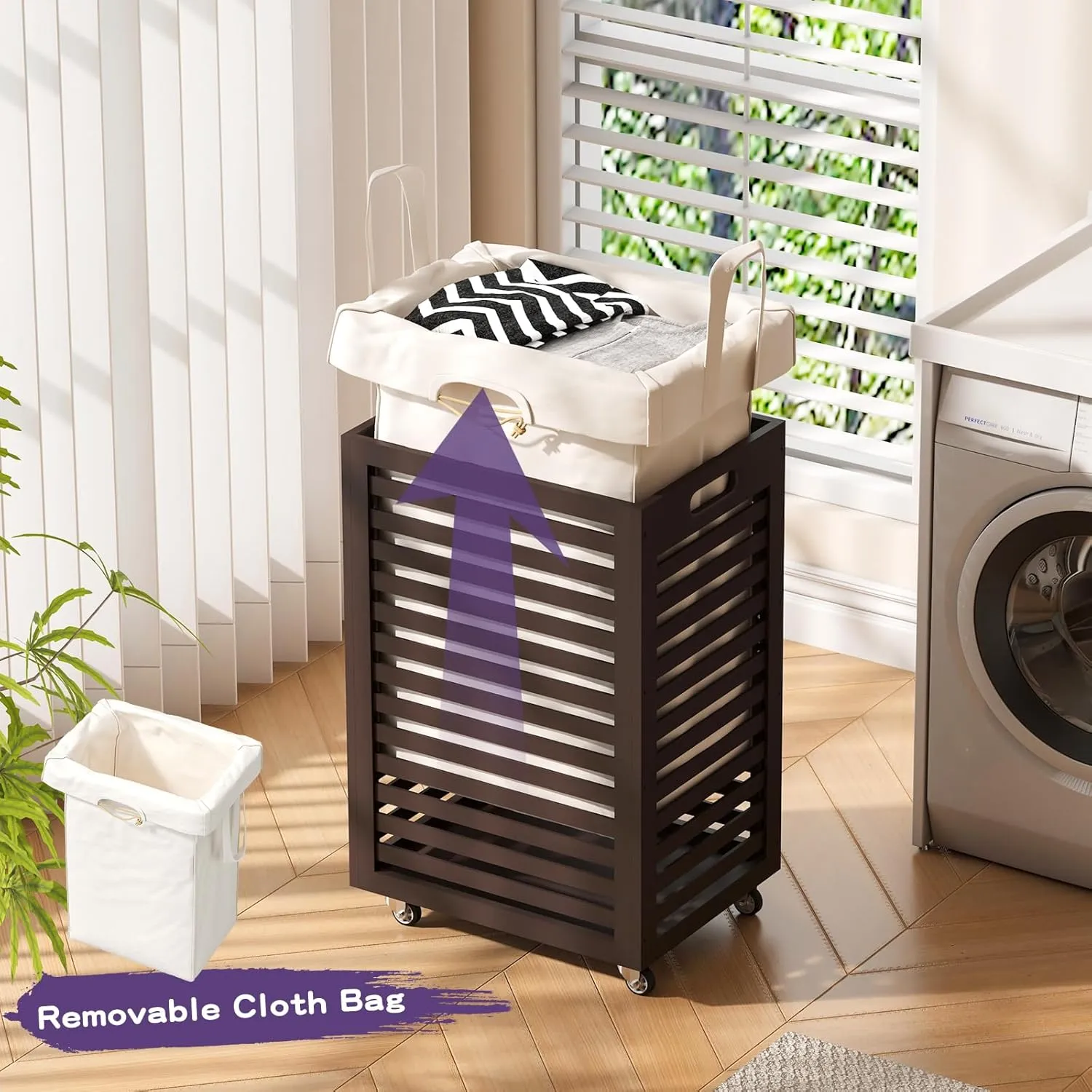 Laundry Basket,Laundry Basket with Wheels,Rolling Laundry Basket for Clothes,Small Laundry Basket for Bedroom,Brown
