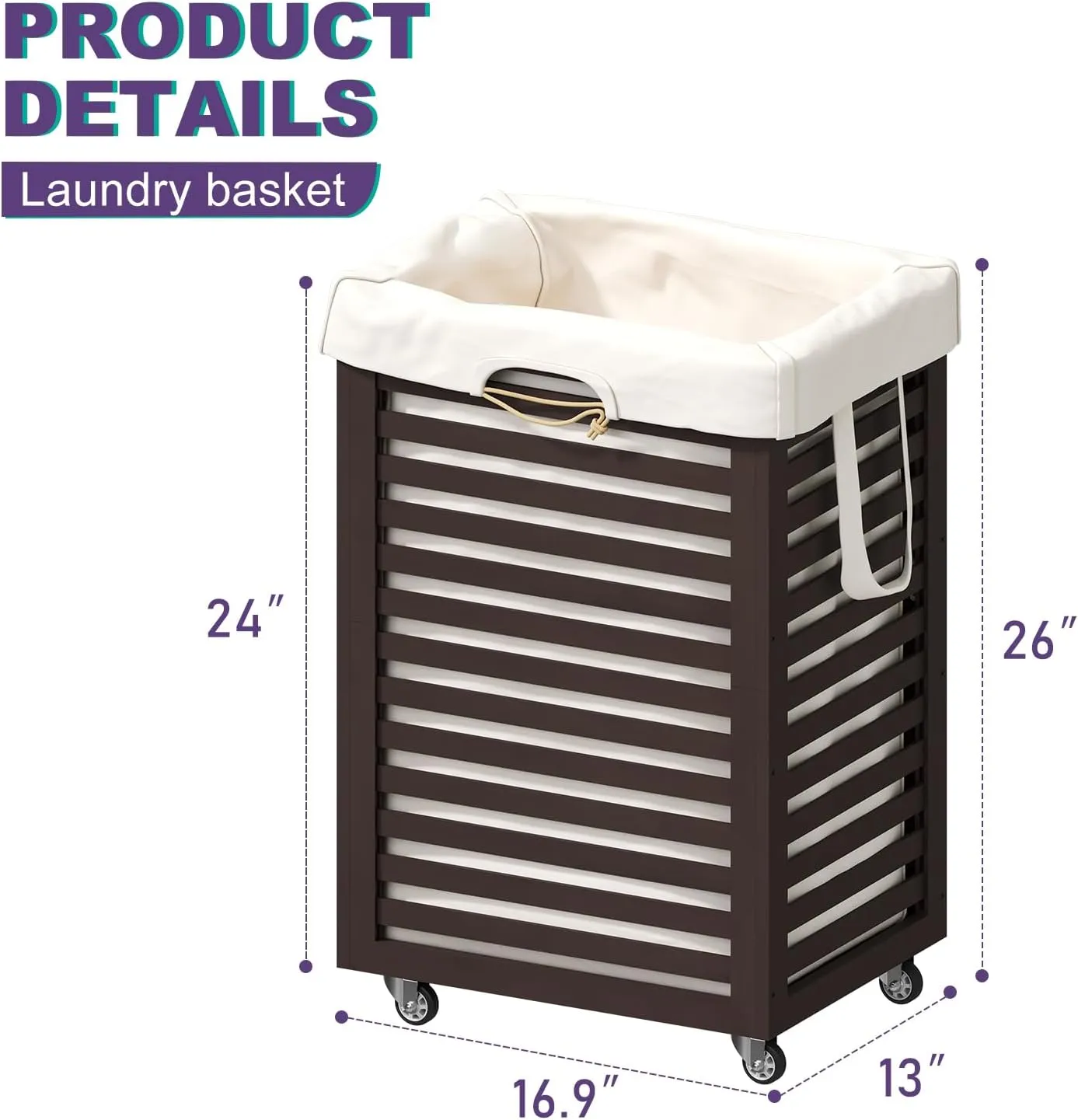 Laundry Basket,Laundry Basket with Wheels,Rolling Laundry Basket for Clothes,Small Laundry Basket for Bedroom,Brown