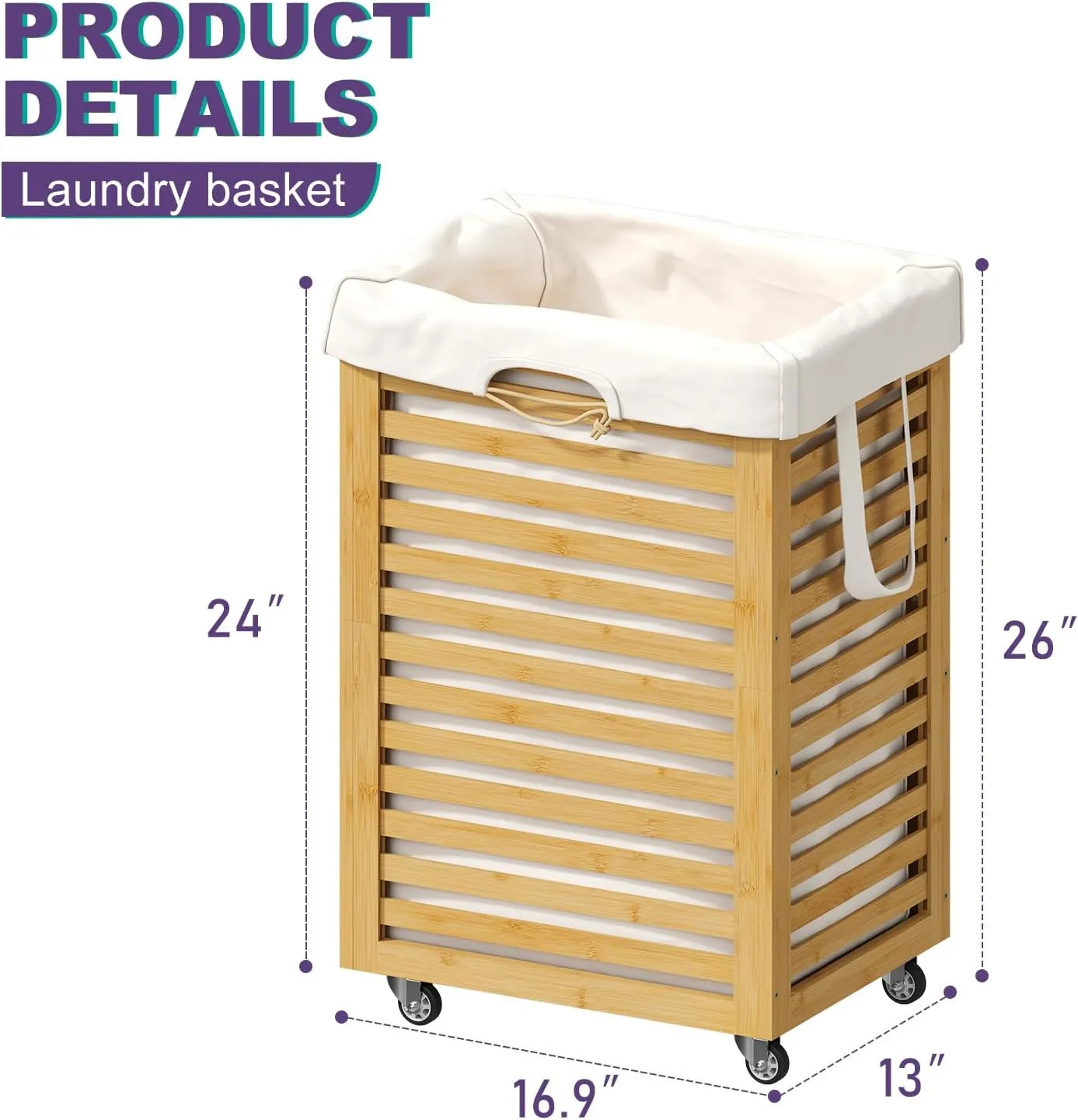 Laundry Basket,Laundry Basket with Wheels,Rolling Laundry Basket for Clothes,Small Laundry Basket for Bedroom,Natural