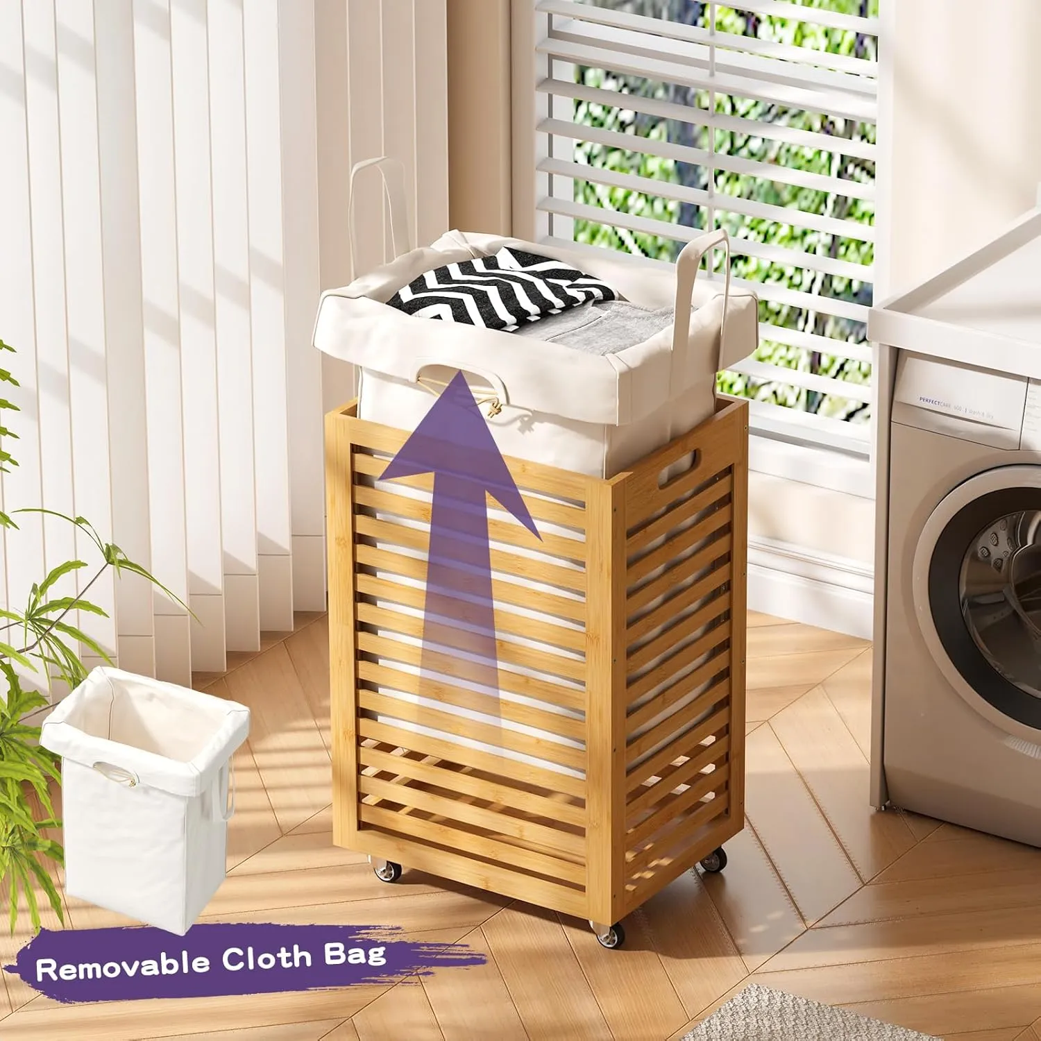 Laundry Basket,Laundry Basket with Wheels,Rolling Laundry Basket for Clothes,Small Laundry Basket for Bedroom,Natural