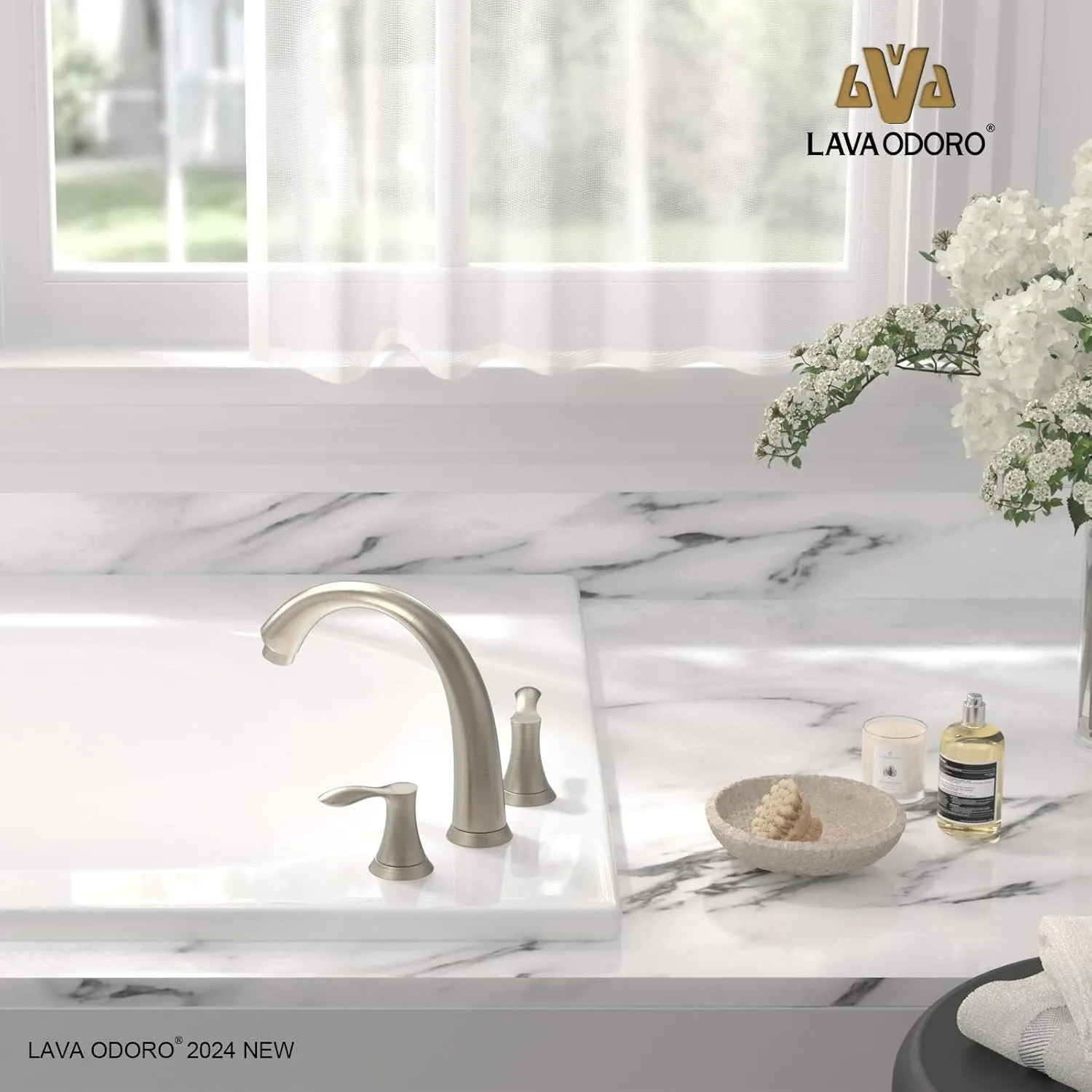 Lava Odoro Brushed Nickel Widespread Roman Faucet with Valve, Solid Brass High Flow 3 Hole Tub Filler, 2 Handle Bathroom Faucet