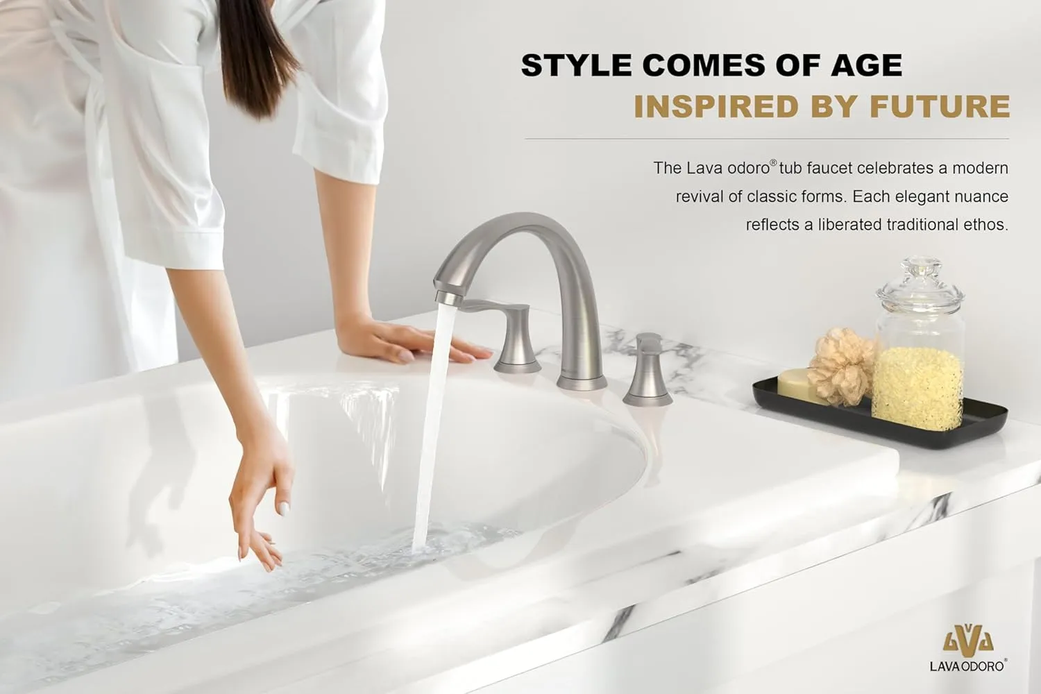 Lava Odoro Brushed Nickel Widespread Roman Faucet with Valve, Solid Brass High Flow 3 Hole Tub Filler, 2 Handle Bathroom Faucet