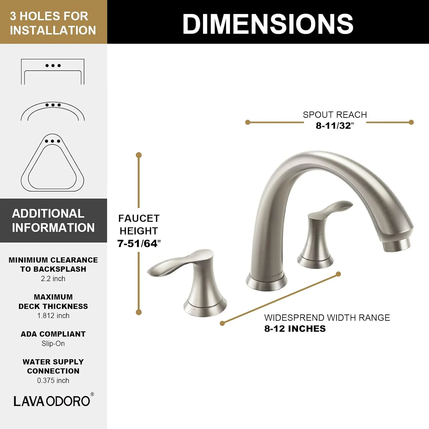 Lava Odoro Brushed Nickel Widespread Roman Faucet with Valve, Solid Brass High Flow 3 Hole Tub Filler, 2 Handle Bathroom Faucet