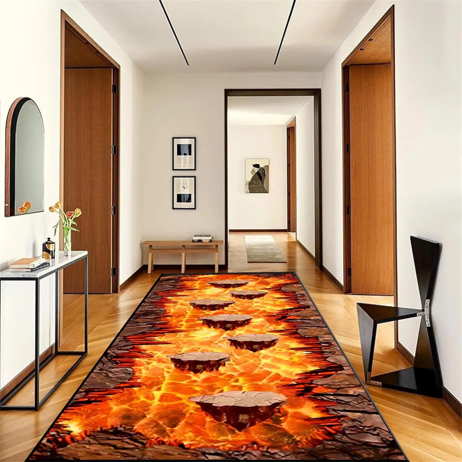 Lava Runner Rug 3D Optical Illusion Flame Volcano and Bricks Geometric Print Rugs Hot Lava Pattern Long Kitchen Rug Funny Aesthetics Decor Doormat for Indoor Hallway Corridor Entryway, 2x6ft