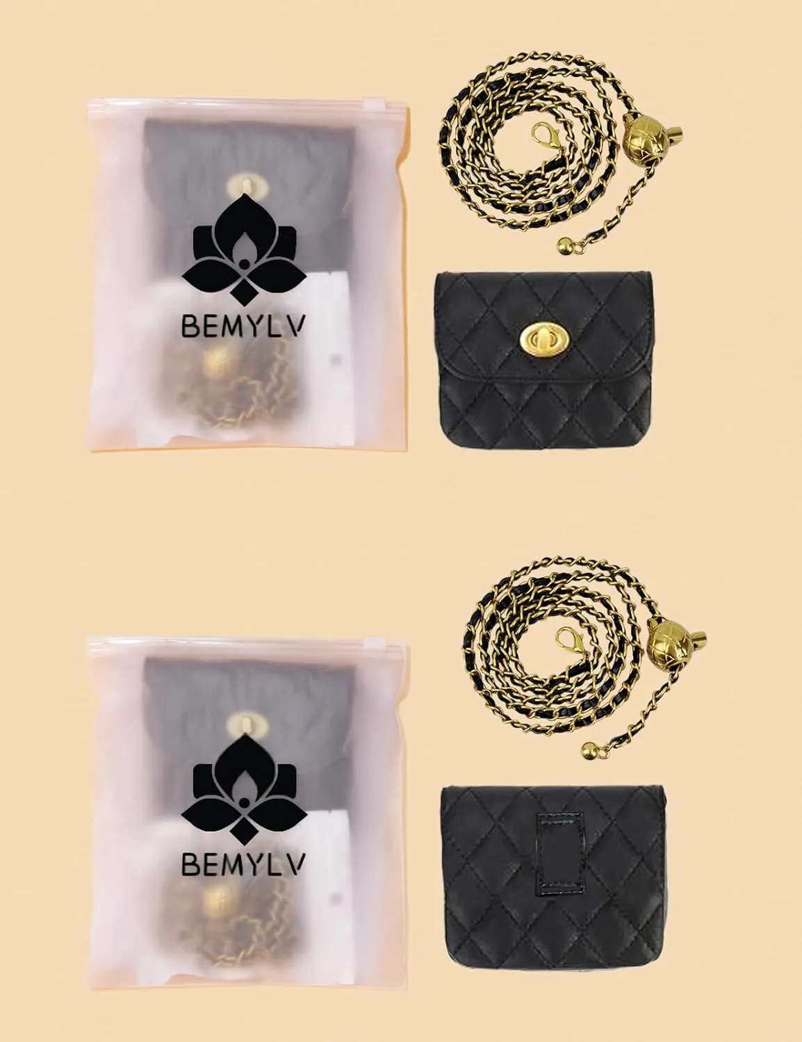 Leather Chain Belt Bag for Women Black Crossbody Waist Purse Fanny Pack Fashion Evening Clutch Mini Handbag Detachable