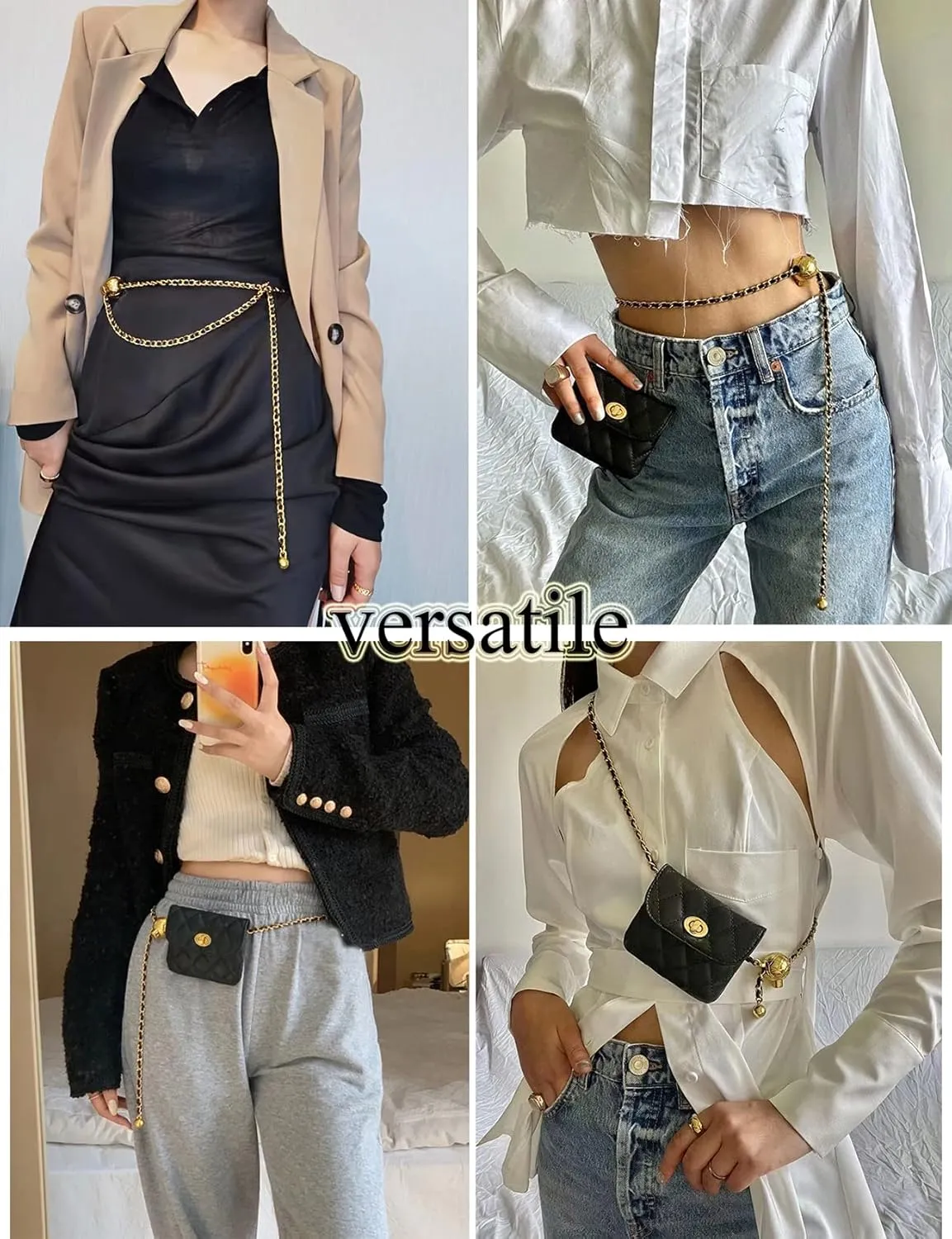 Leather Chain Belt Bag for Women Black Crossbody Waist Purse Fanny Pack Fashion Evening Clutch Mini Handbag Detachable