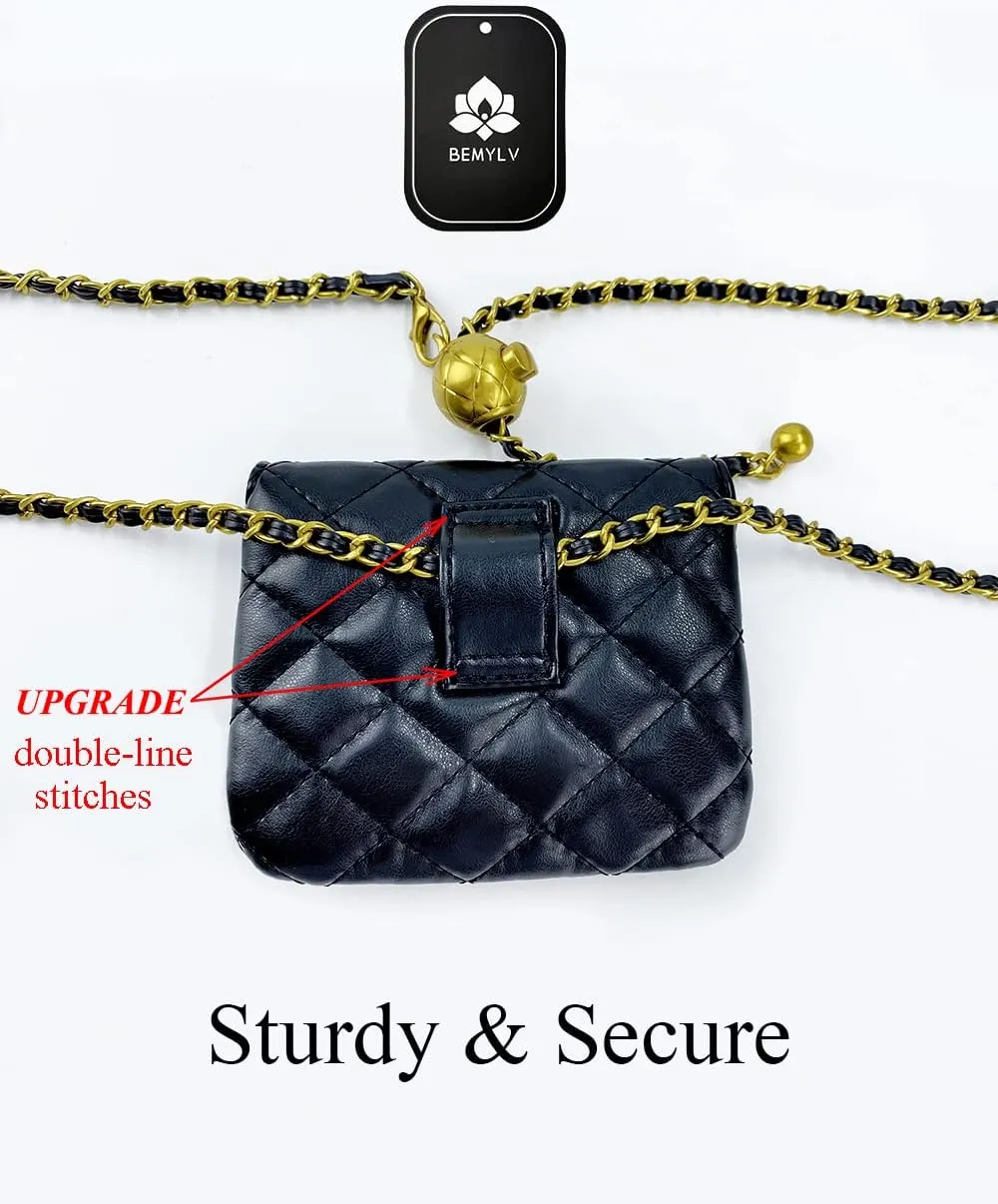 Leather Chain Belt Bag for Women Black Crossbody Waist Purse Fanny Pack Fashion Evening Clutch Mini Handbag Detachable