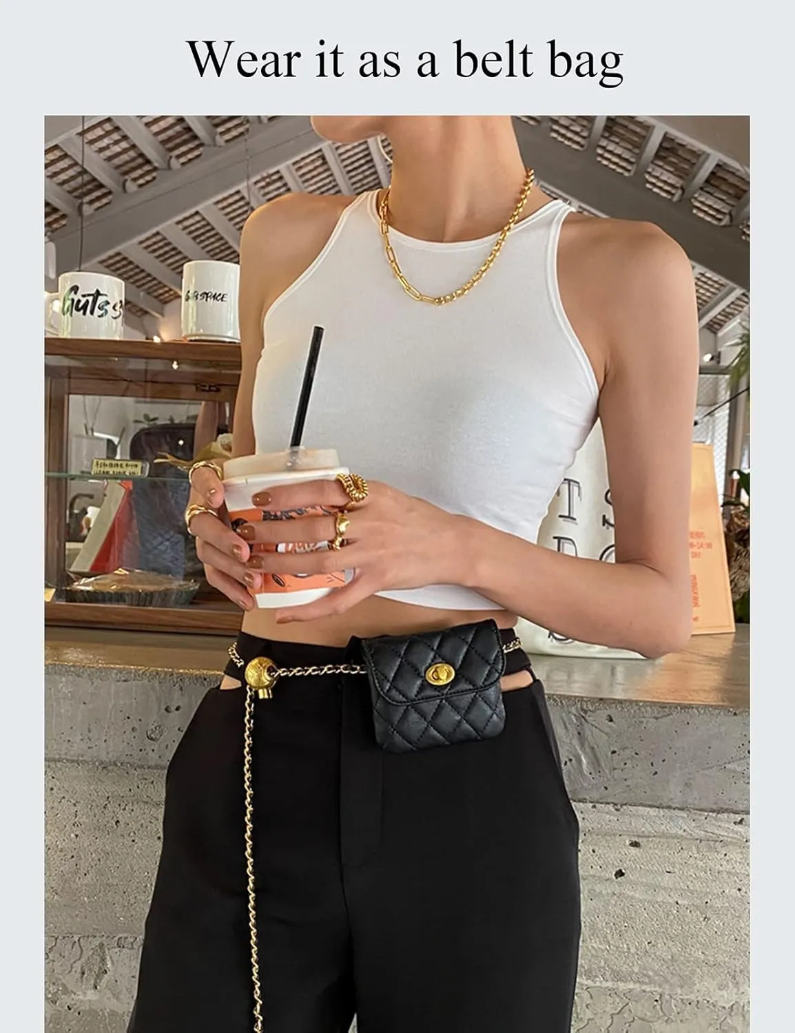 Leather Chain Belt Bag for Women Black Crossbody Waist Purse Fanny Pack Fashion Evening Clutch Mini Handbag Detachable