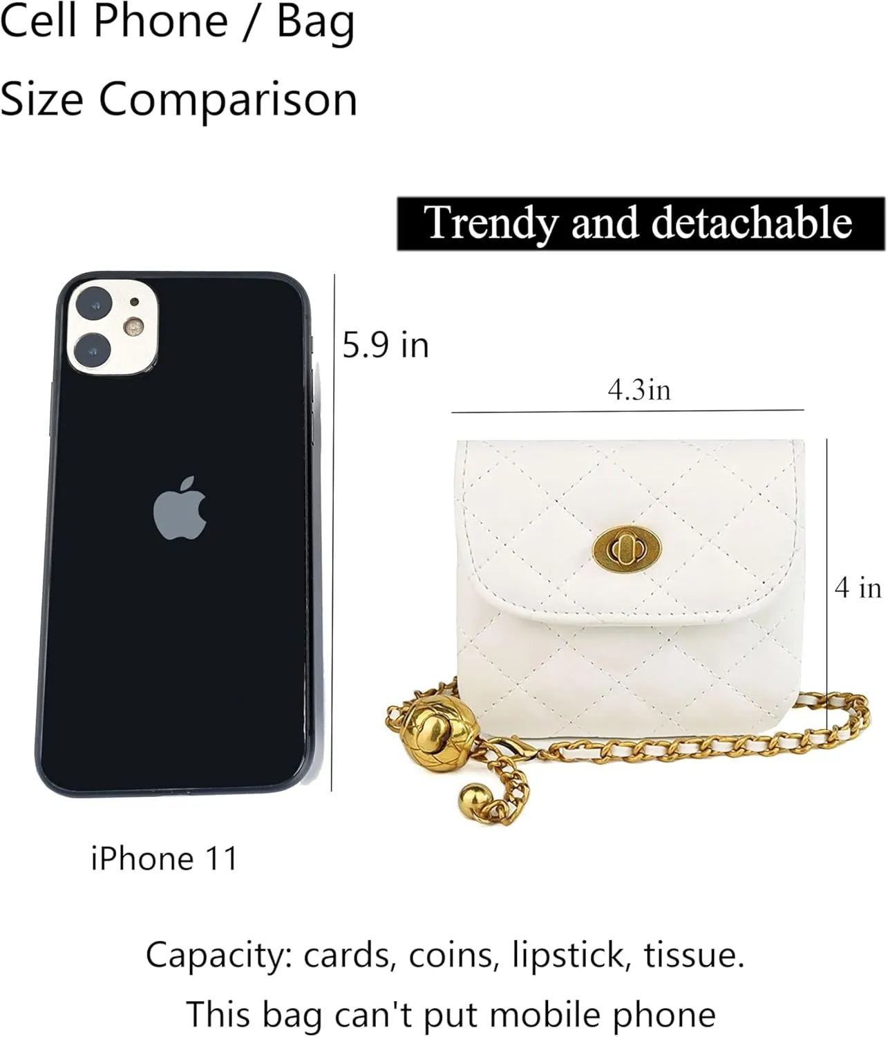 Leather Chain Belt Bag for Women Mini White Crossbody Waist Purse Fanny Pack Fashion Evening Clutch Detachable