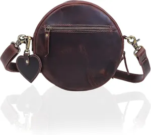Leather Crossbody Bags for Women Trendy Circle Cross Body Shoulder Bag Designer Round Purses (Dark Brown)